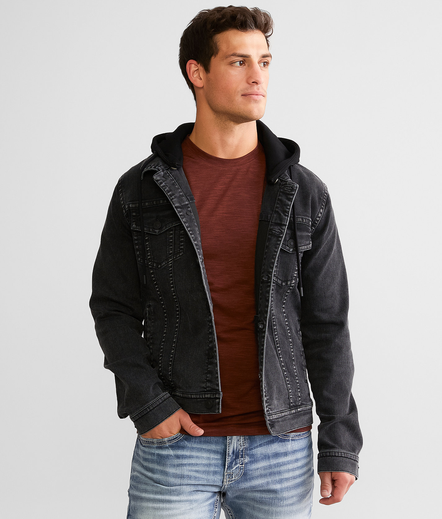 BKE Bradley Hooded Denim Stretch Jacket - Men's Coats & Jackets in Washed Black