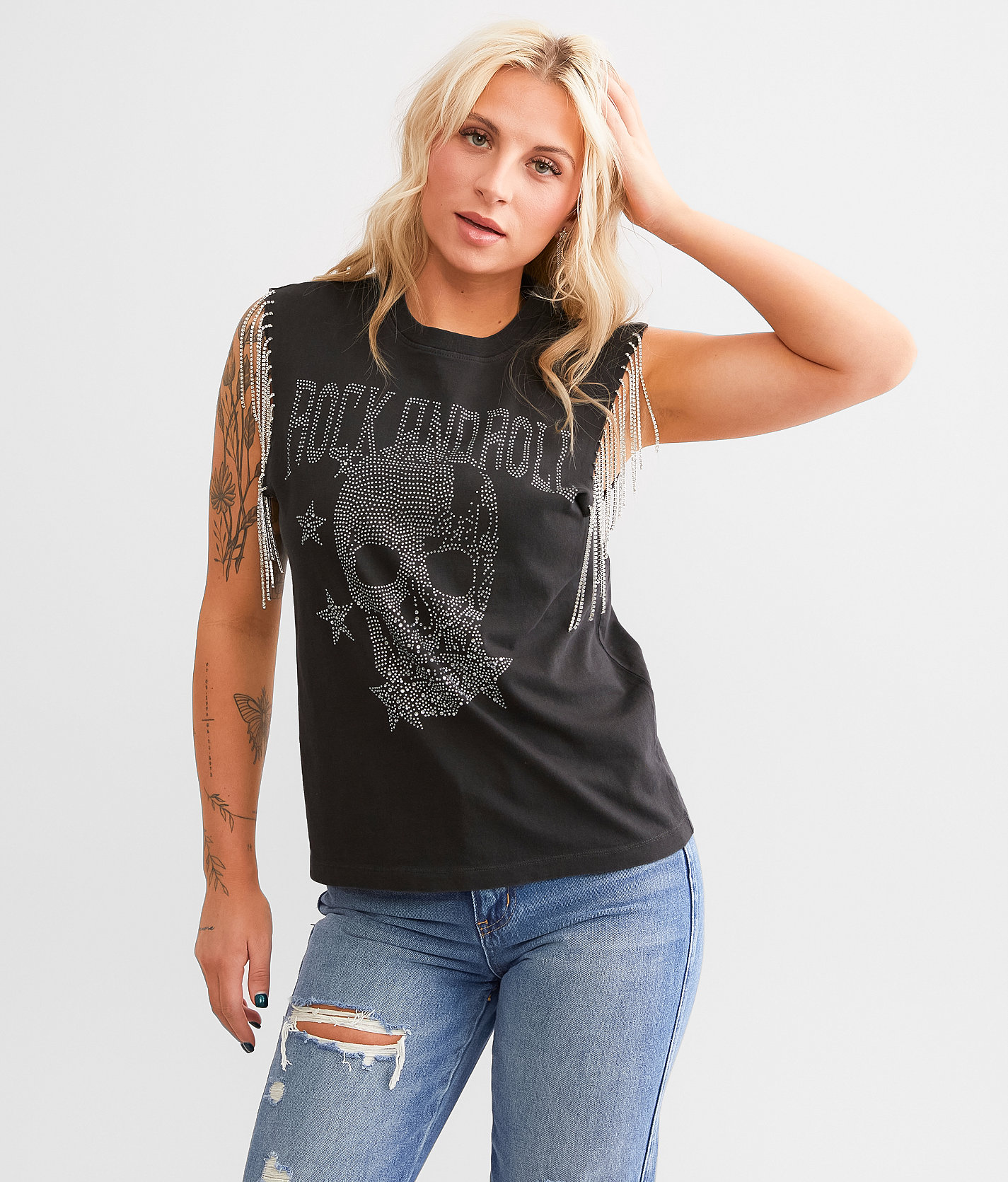 Modish Rebel Rhinestone Fringe Rocker Tank Top - Women's Tank Tops in Washed Black