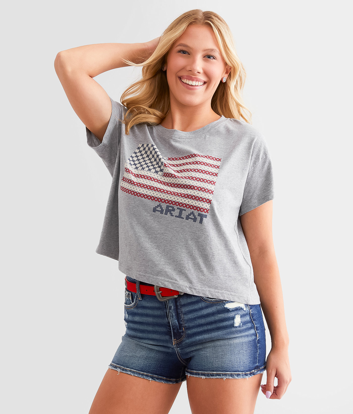 Ariat Homespun Flag Cropped T-Shirt - Women's T-Shirts in Heather Grey