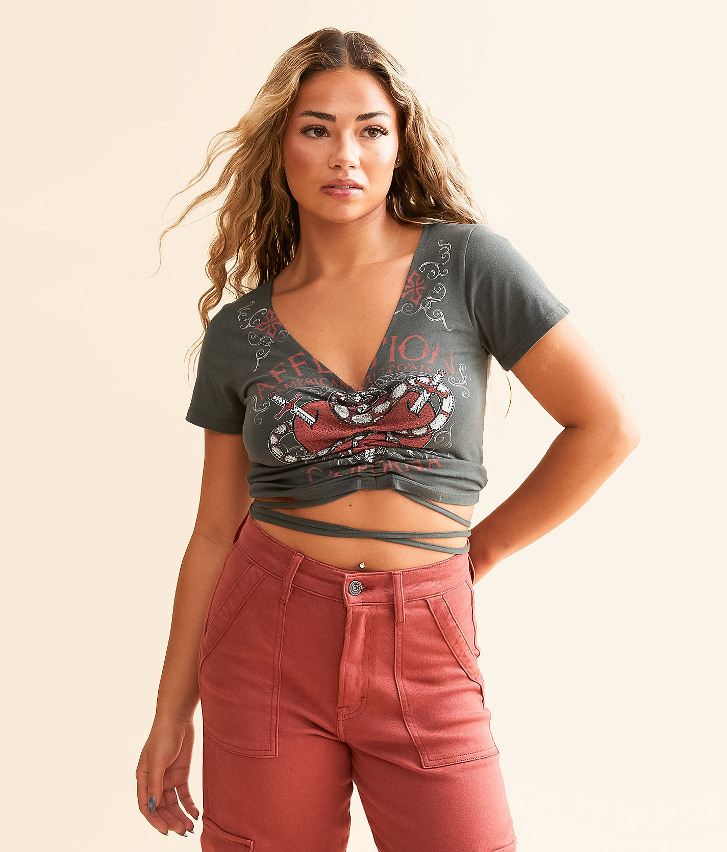 Affliction Shrike Cropped T-Shirt - Women's T-Shirts in Volcanic Ash