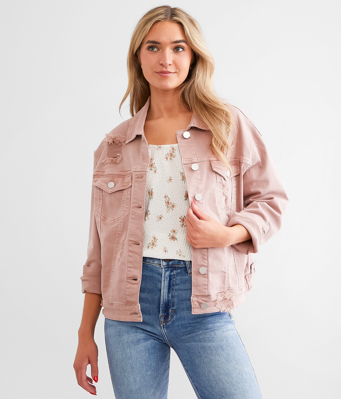 Risen Destructed Denim Stretch Jacket - Women's Coats & Jackets in Mauve