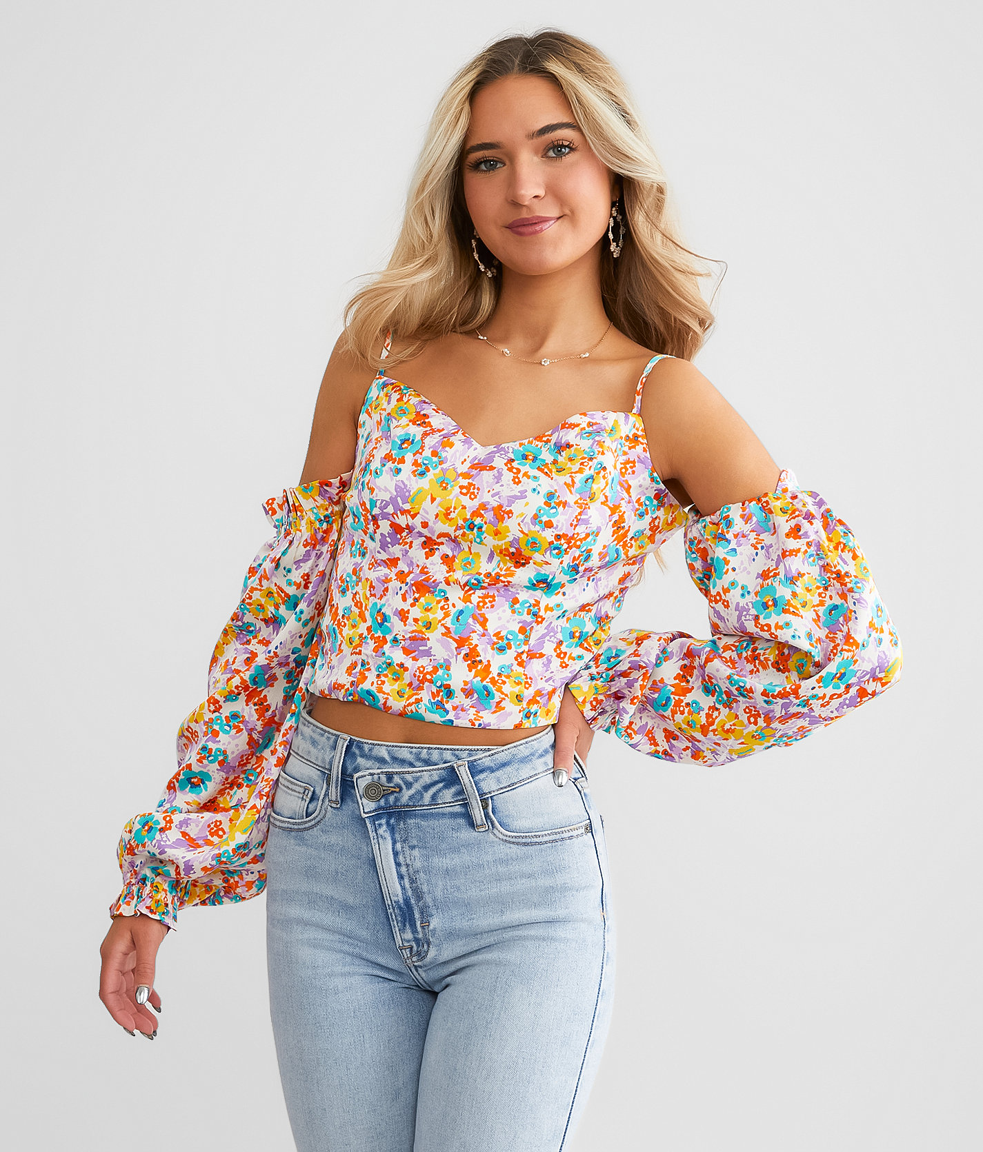 Willow & Root Floral Sweetheart Cropped Top - Women's Shirts & Blouses in Orange Purple