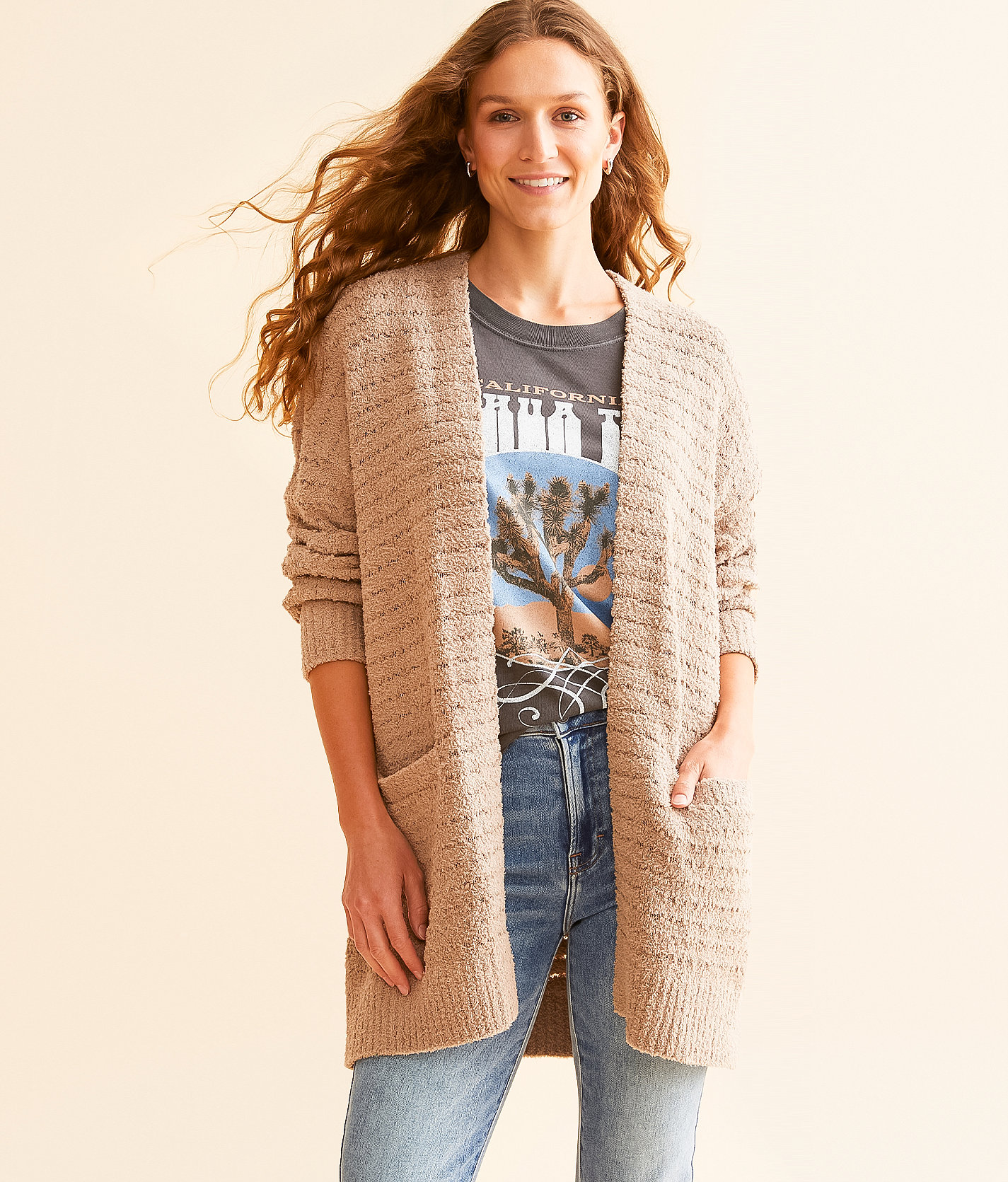 Daytrip Cozy Striped Cardigan Sweater - Women's Sweaters in Taupe
