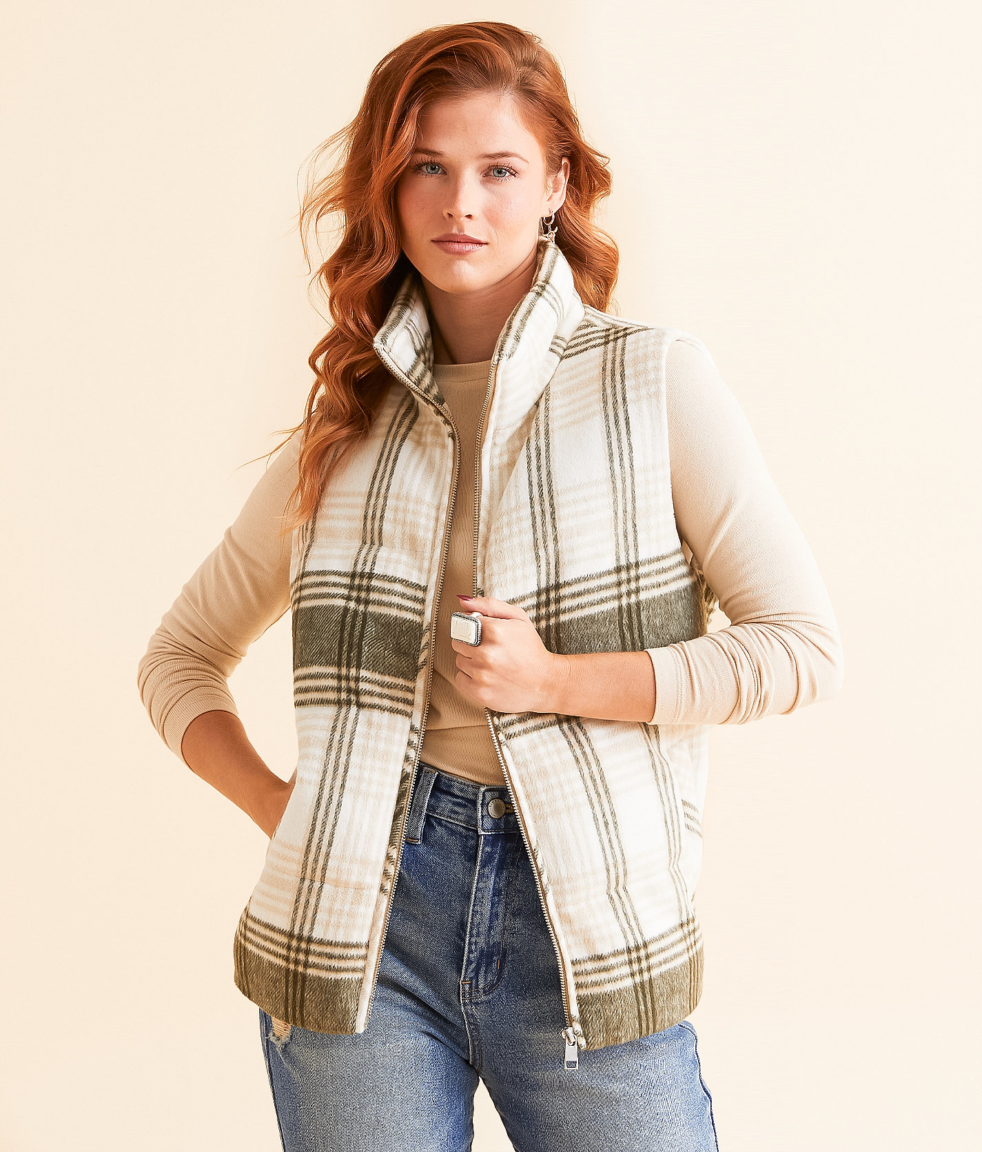 BKE Collared Plaid Vest - Women's Coats & Jackets in Olive Cream
