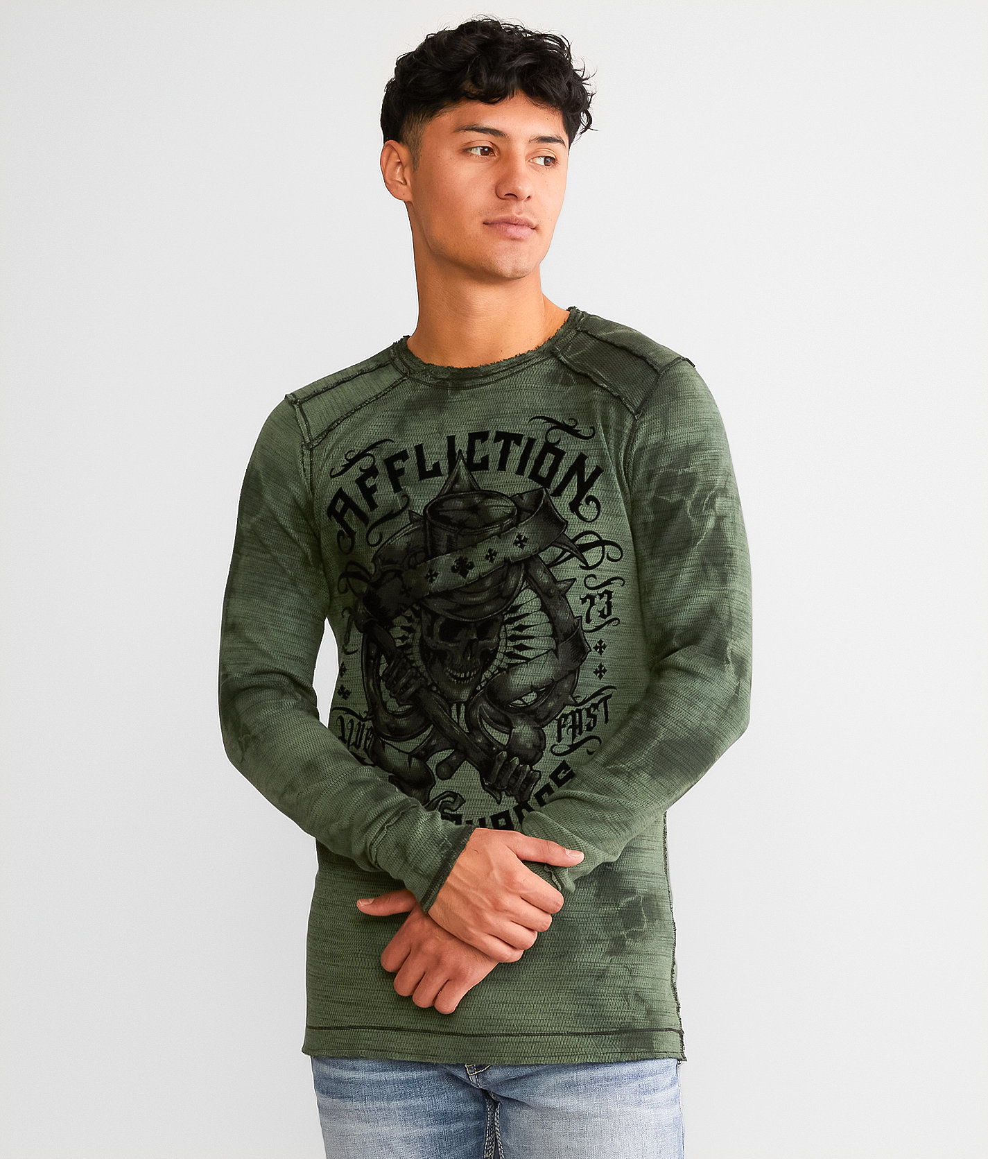 Affliction Grim Intent Reversible Thermal - Men's T-Shirts in Dark Forest Crys Wash Bk