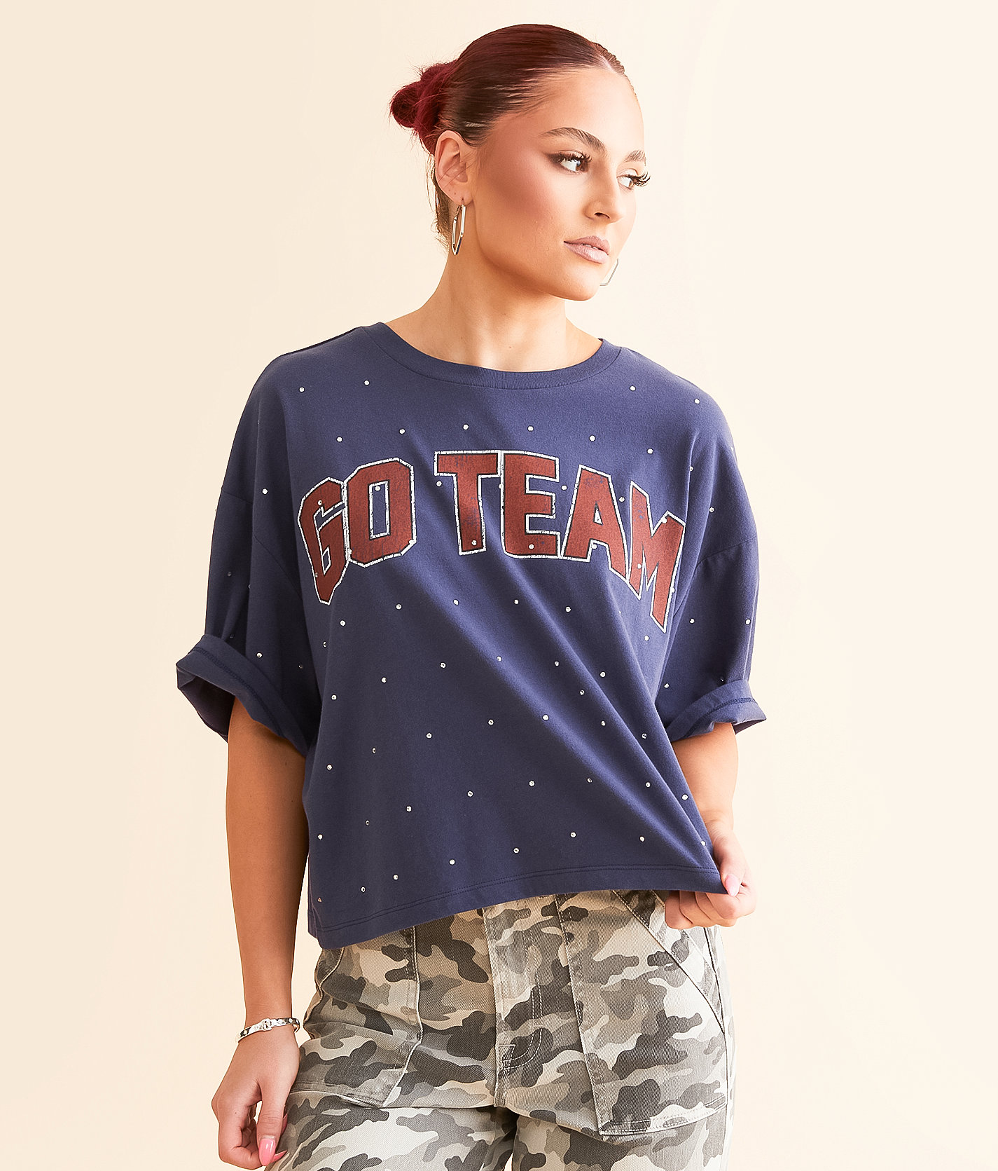 DH Apparel Go Team Rhinestone Cropped T-Shirt - Women's T-Shirts in Patriot Blue