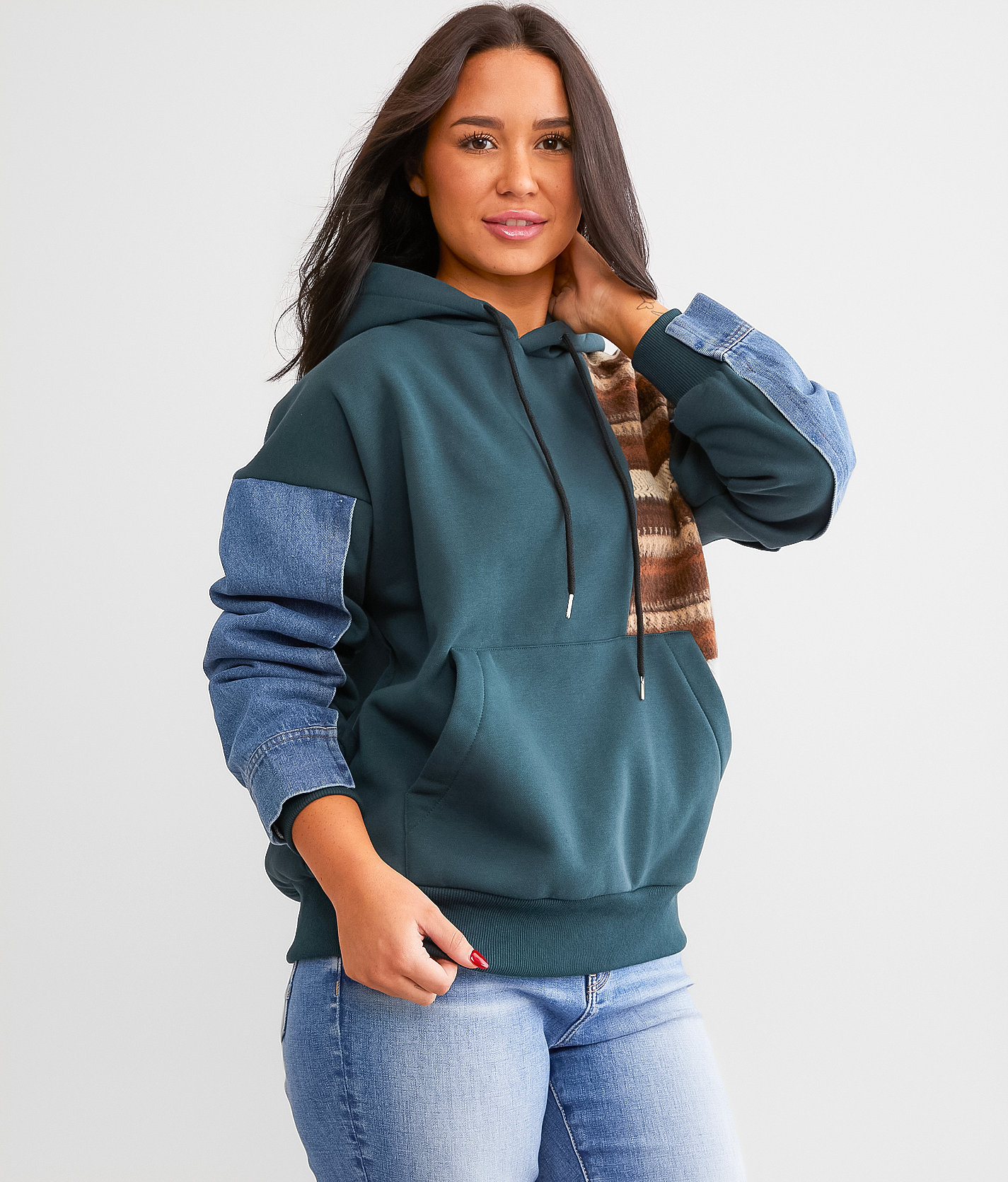 BKE Pieced Denim Hooded Sweatshirt - Women's Sweatshirts in Pine