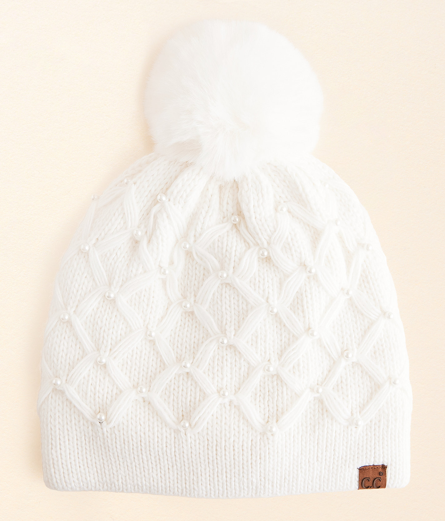 C.C® Faux Pearl Pom Beanie - Women's Hats in Ivory