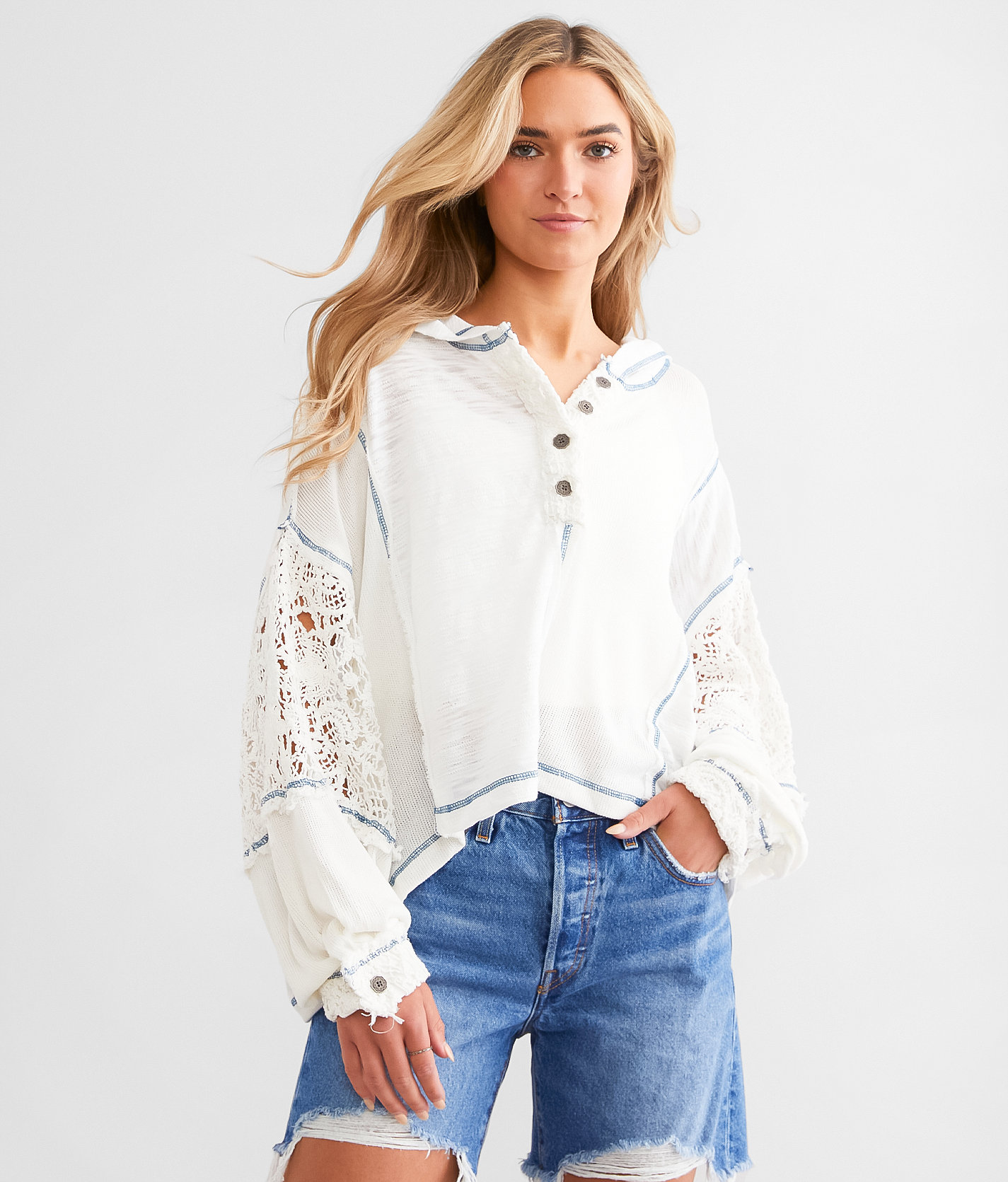 POL Cropped Henley Hoodie - Women's Sweatshirts in Ivory