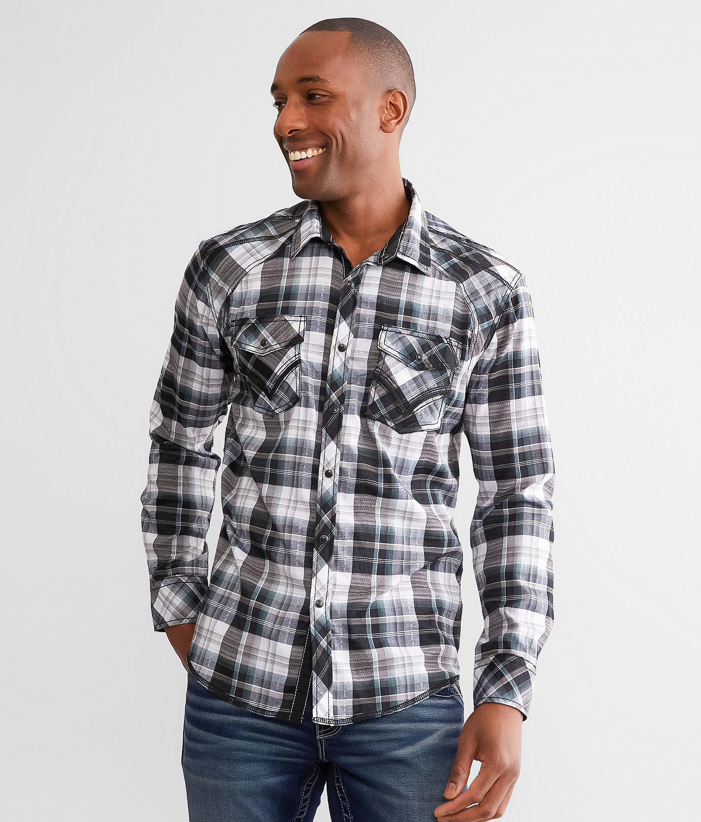 Buckle Black Plaid Athletic Stretch Shirt - Men's Shirts in Black White Teal