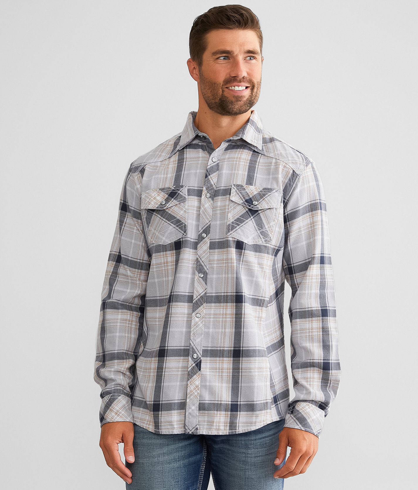 BKE Plaid Athletic Shirt - Men's Shirts in Grey White