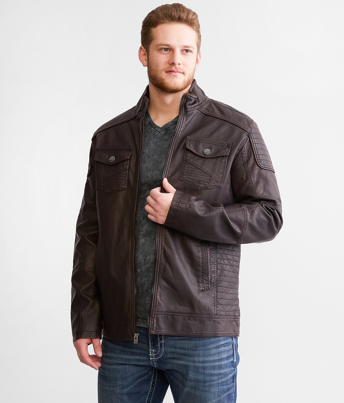 Buckle Black Faux Leather Jacket - Men's Coats & Jackets in Burnett Brown