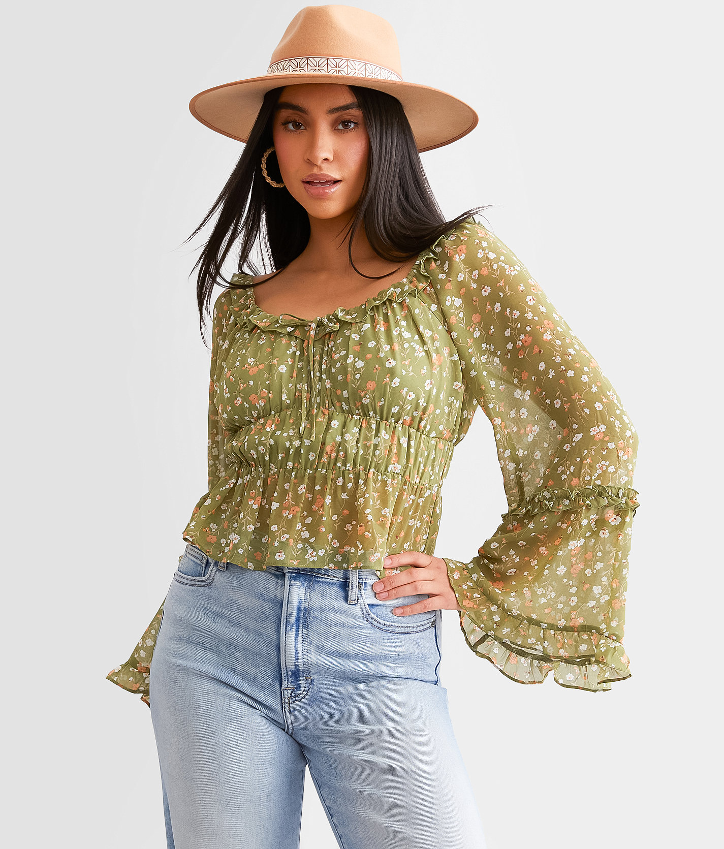 Willow & Root Floral Ruffle Top - Women's Shirts & Blouses in Olive