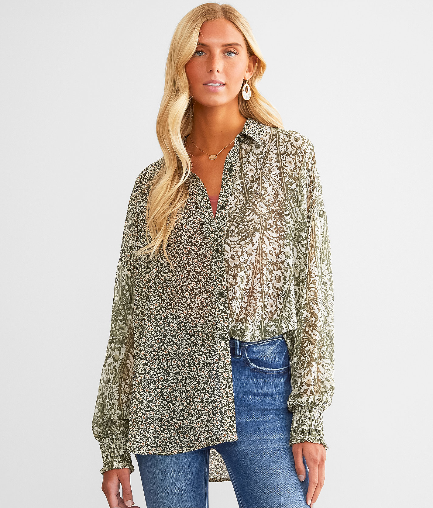 Acoa Floral Woven Chiffon Blouse - Women's Shirts & Blouses in Olive Cream