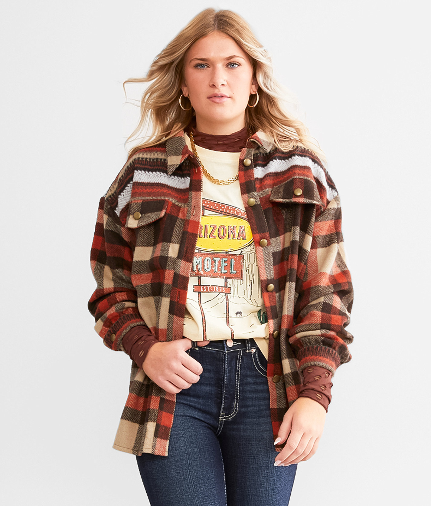 BKE Plaid Shacket - Women's Coats & Jackets in Orange Brown