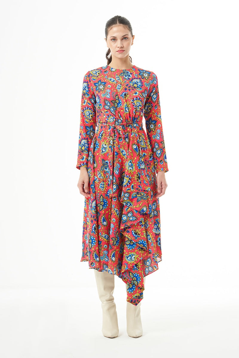 Long Sleve High Neck Midi Dress - Dress