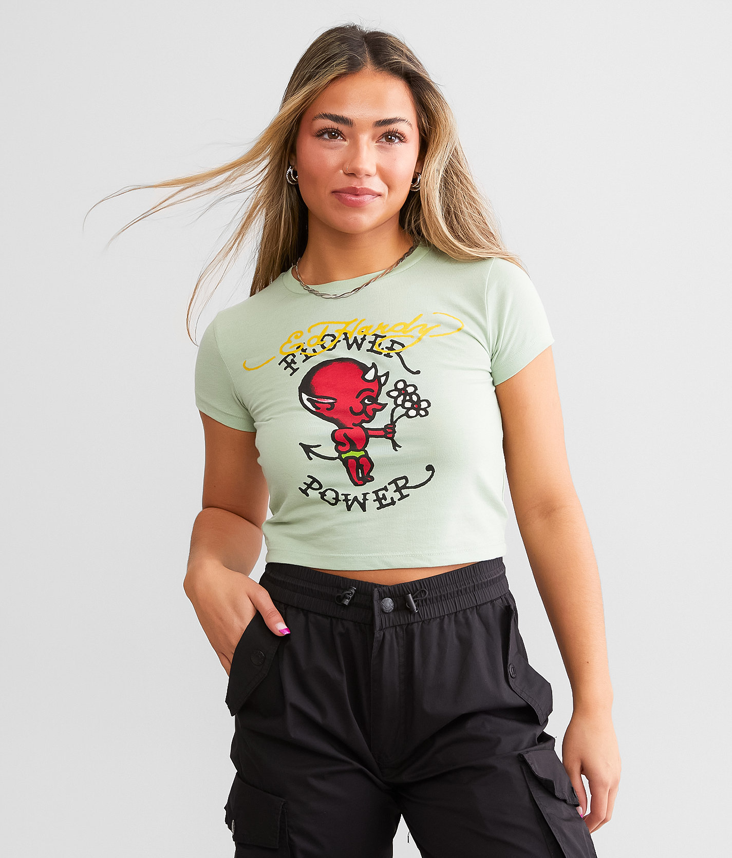 Ed Hardy Baby Devil Cropped T-Shirt - Women's T-Shirts in Sage