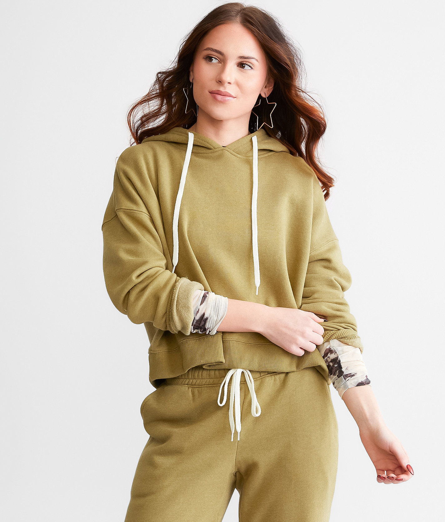 Gilded Intent Cropped Boxy Hooded Sweatshirt - Women's Sweatshirts in Dried Herb