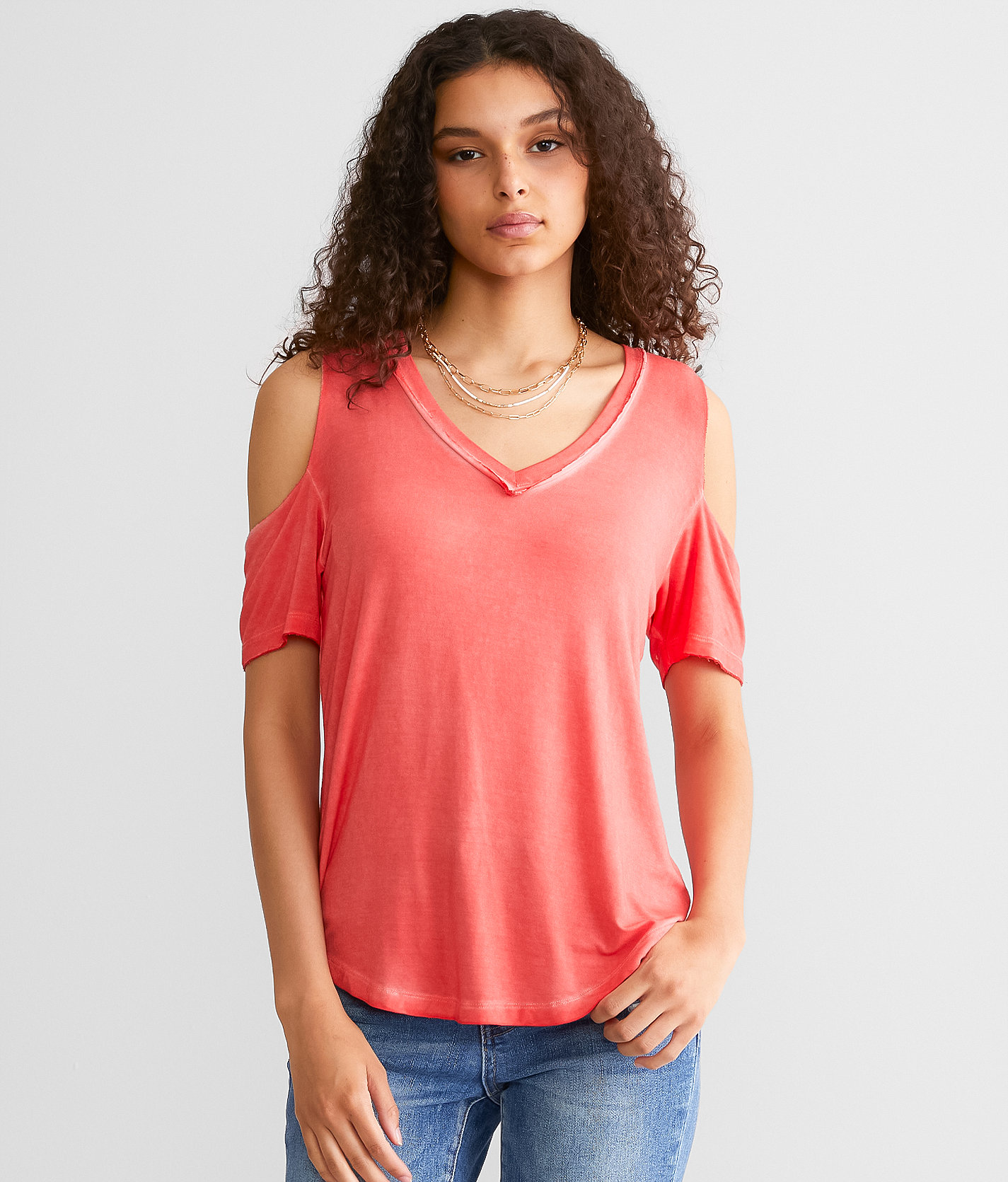 White Crow Washed Cold Shoulder T-Shirt - Women's T-Shirts in Spiced Coral