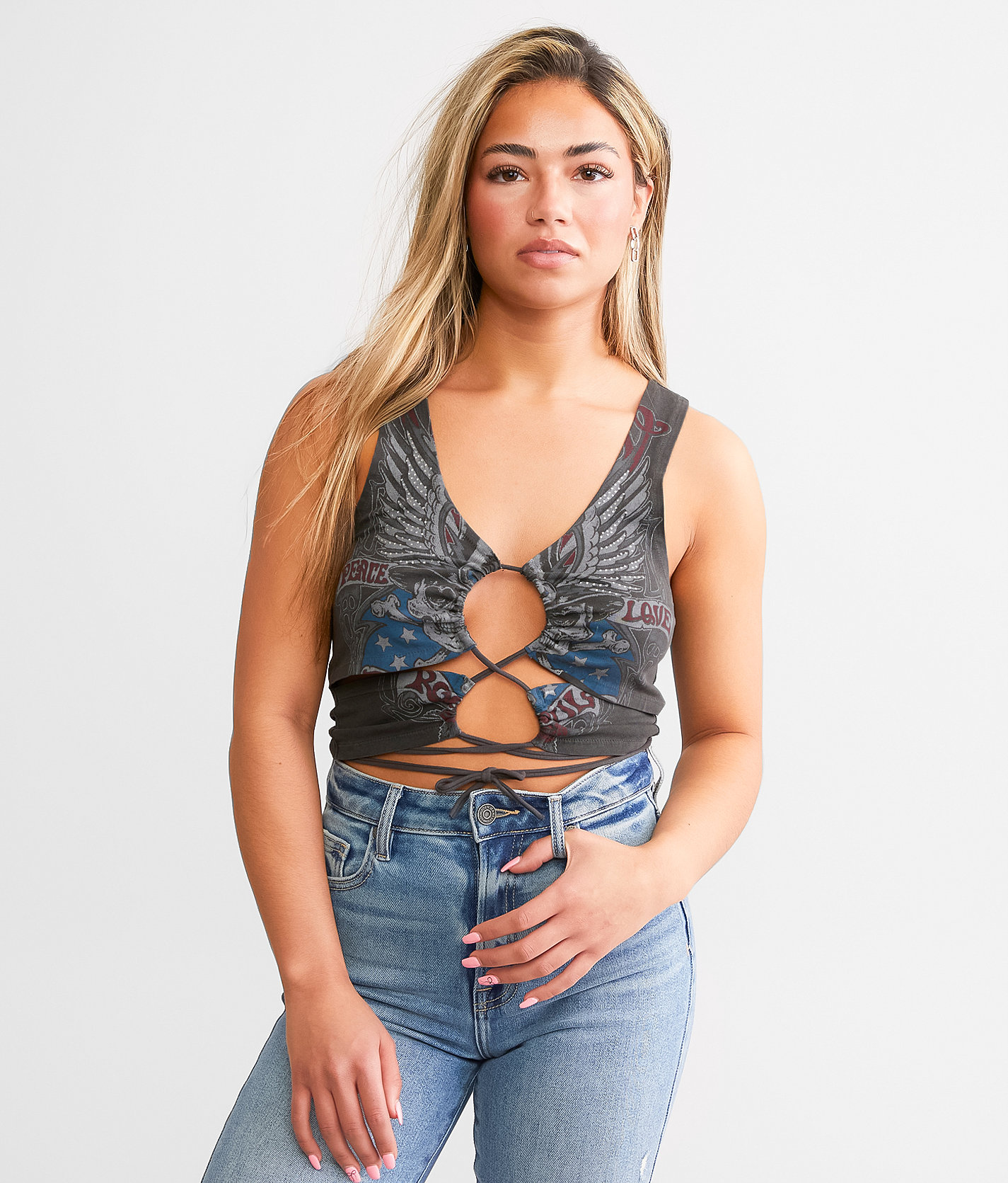 Affliction Rock & Roll Cut-Out Cropped Tank Top - Women's Tank Tops in Dark Charcoal Pigment