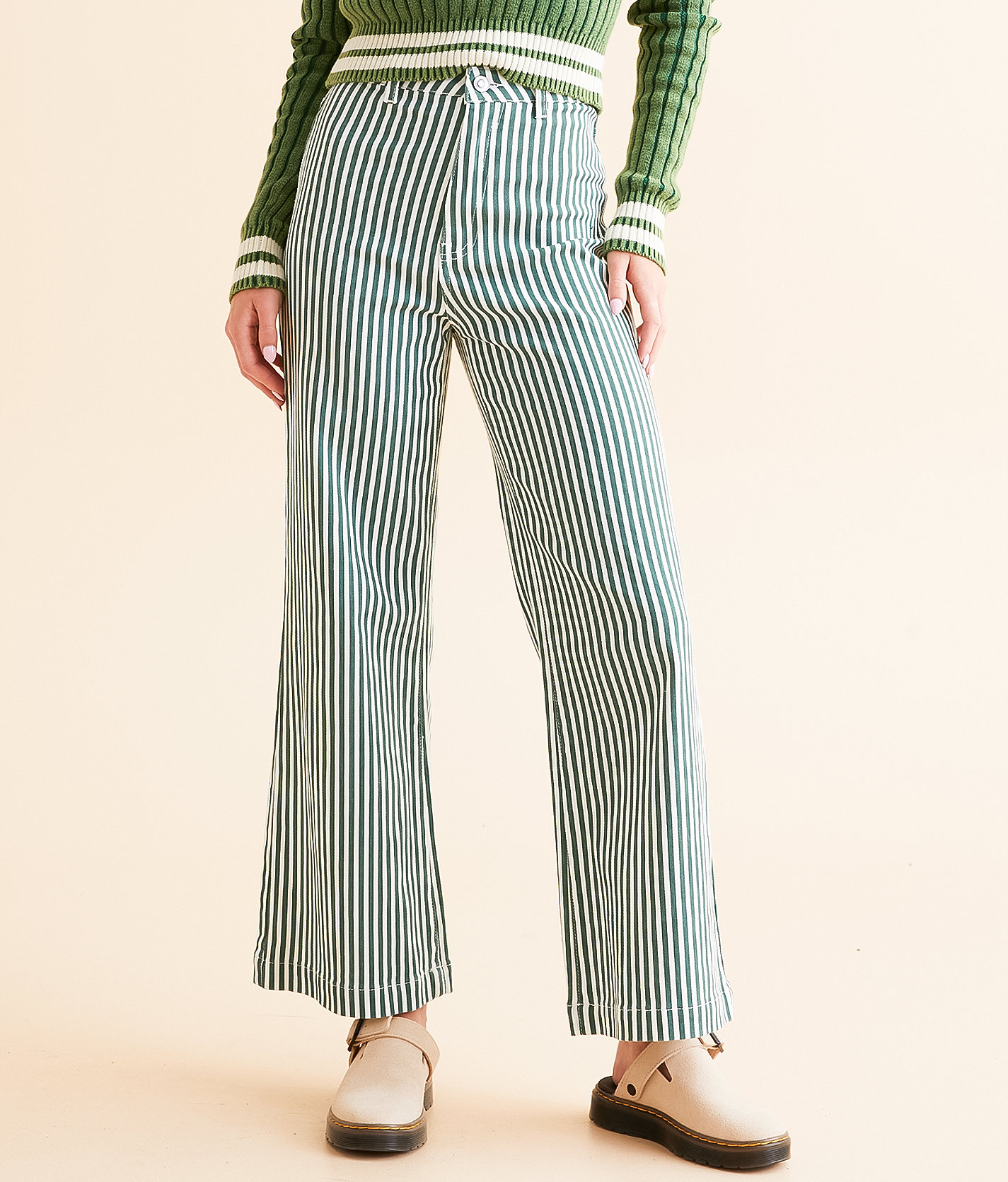 DH Apparel High Rise Wide Leg Striped Stretch Pant - Women's Pants in Green White