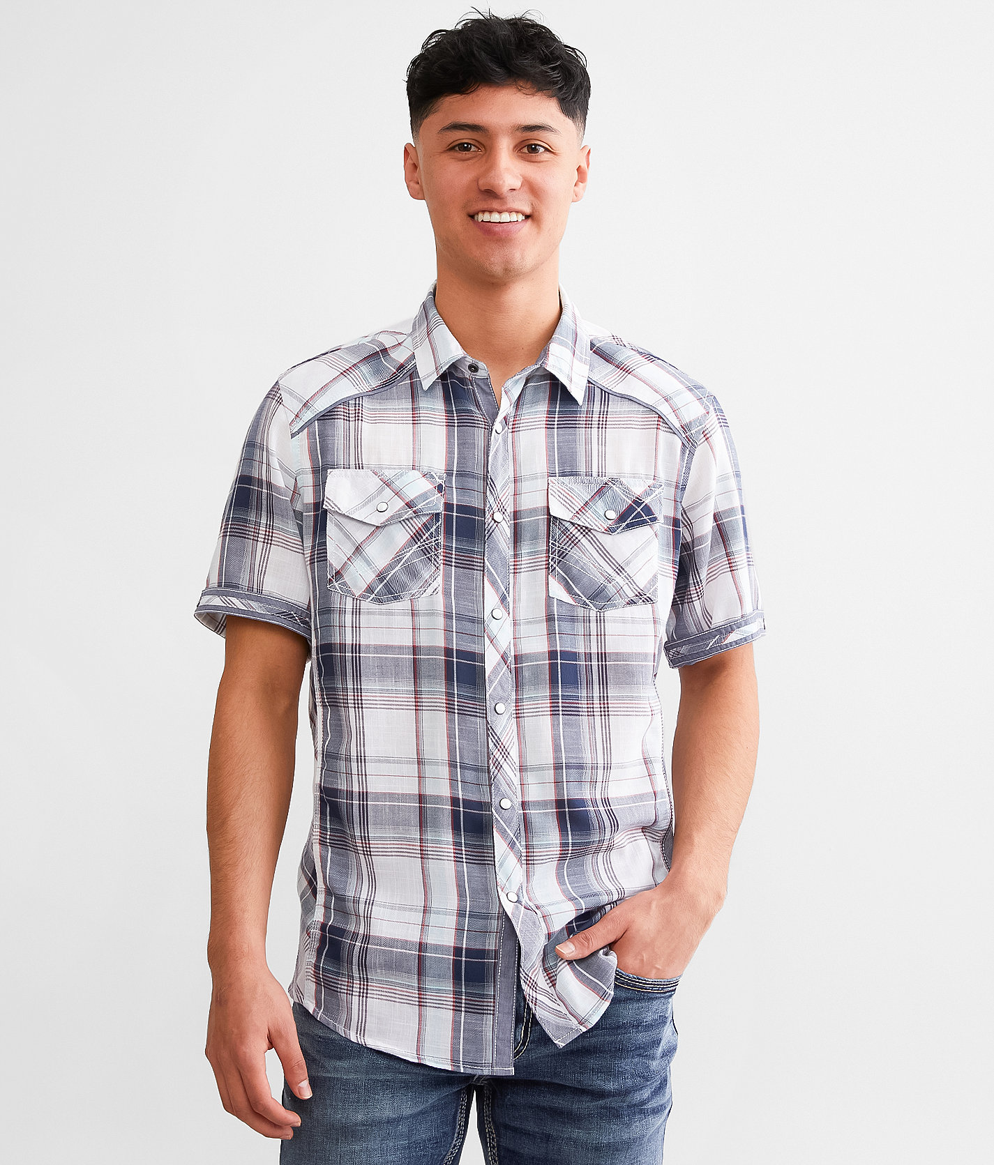BKE Plaid Athletic Shirt - Men's Shirts in White Navy Red