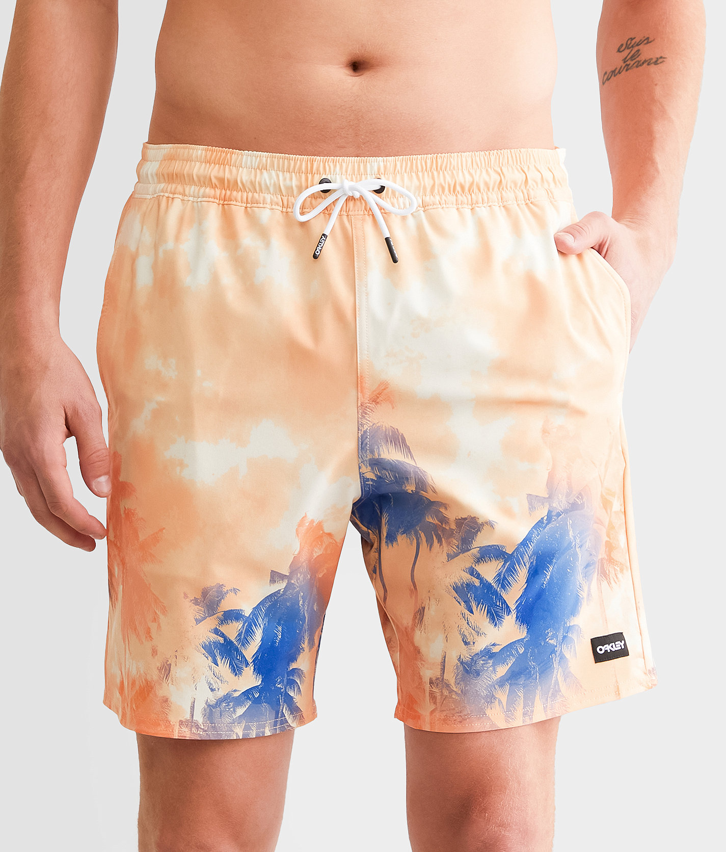 Oakley Canary Palms Stretch Swim Trunks - Men's Swimwear in Palms Clouds Orange