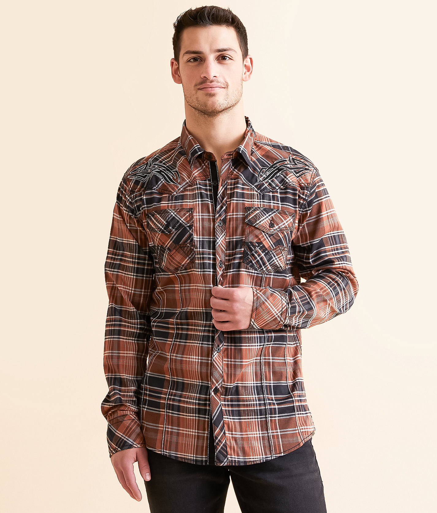 Buckle Black Plaid Athletic Stretch Shirt - Men's Shirts in Black Orange