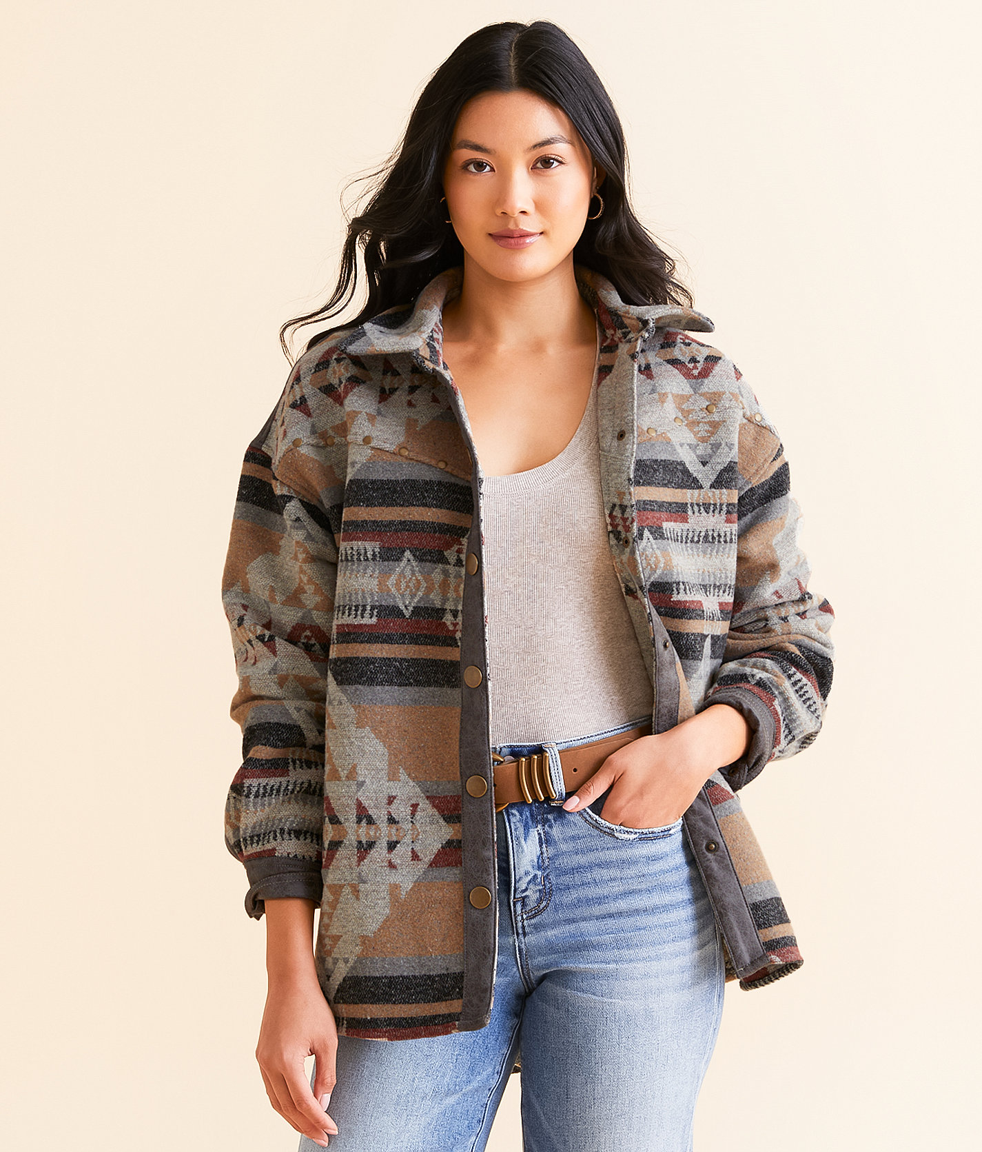 BKE Pieced Aztec Shacket - Women's Coats & Jackets in Caramel Black