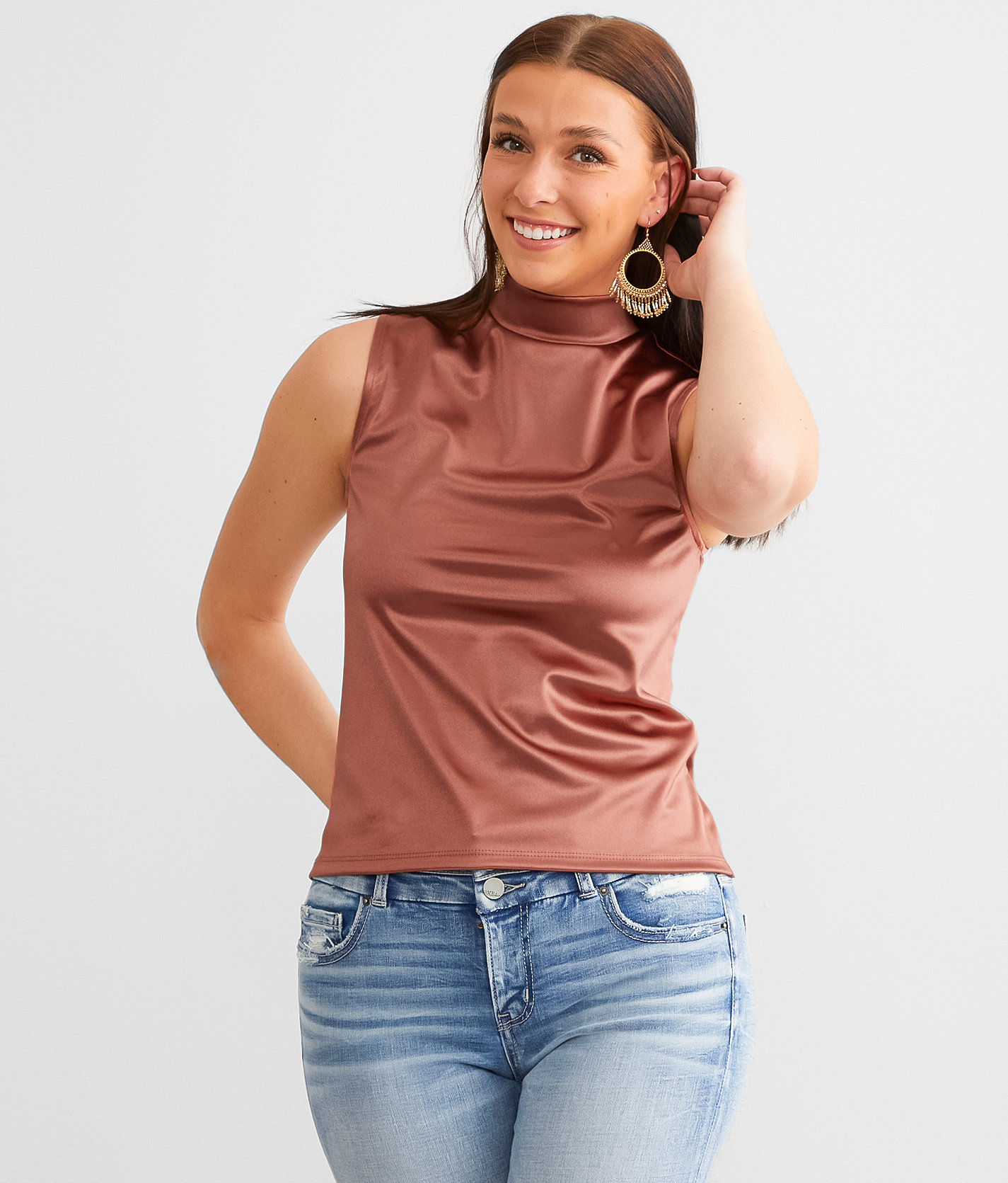 Daytrip Satin Mock Neck Tank - Women's Tank Tops in Rose