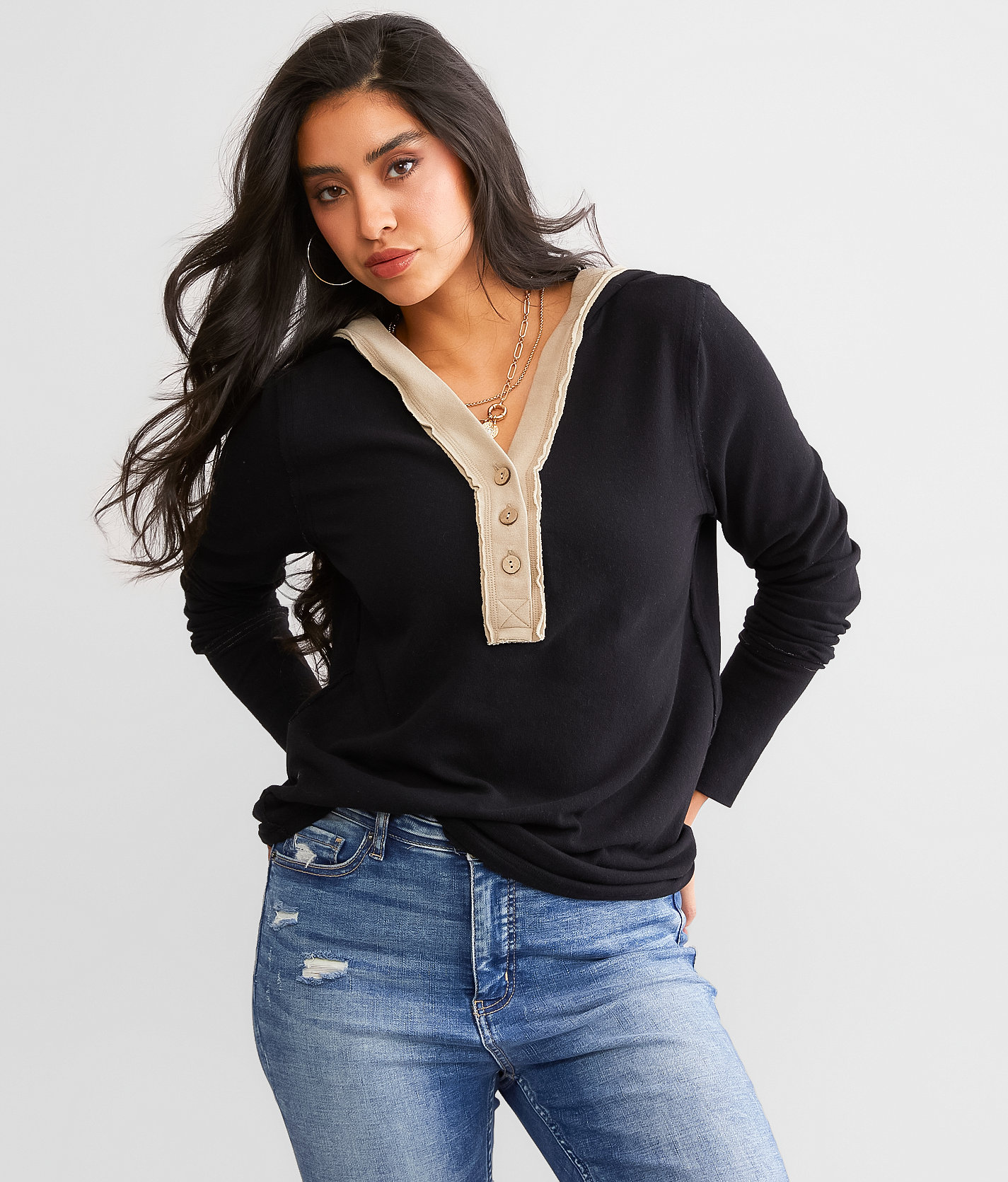 BKE Henley Hoodie - Women's Sweatshirts in Black