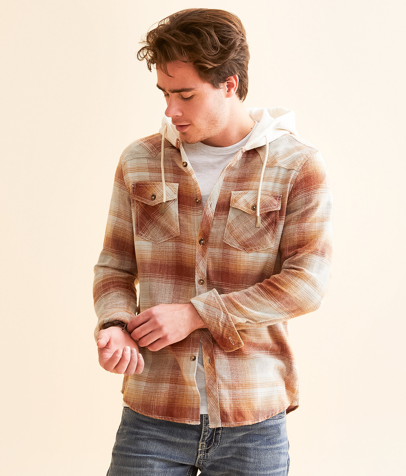 BKE Vintage Brushed Plaid Standard Hooded Shirt - Men's Shirts in Cream Rust