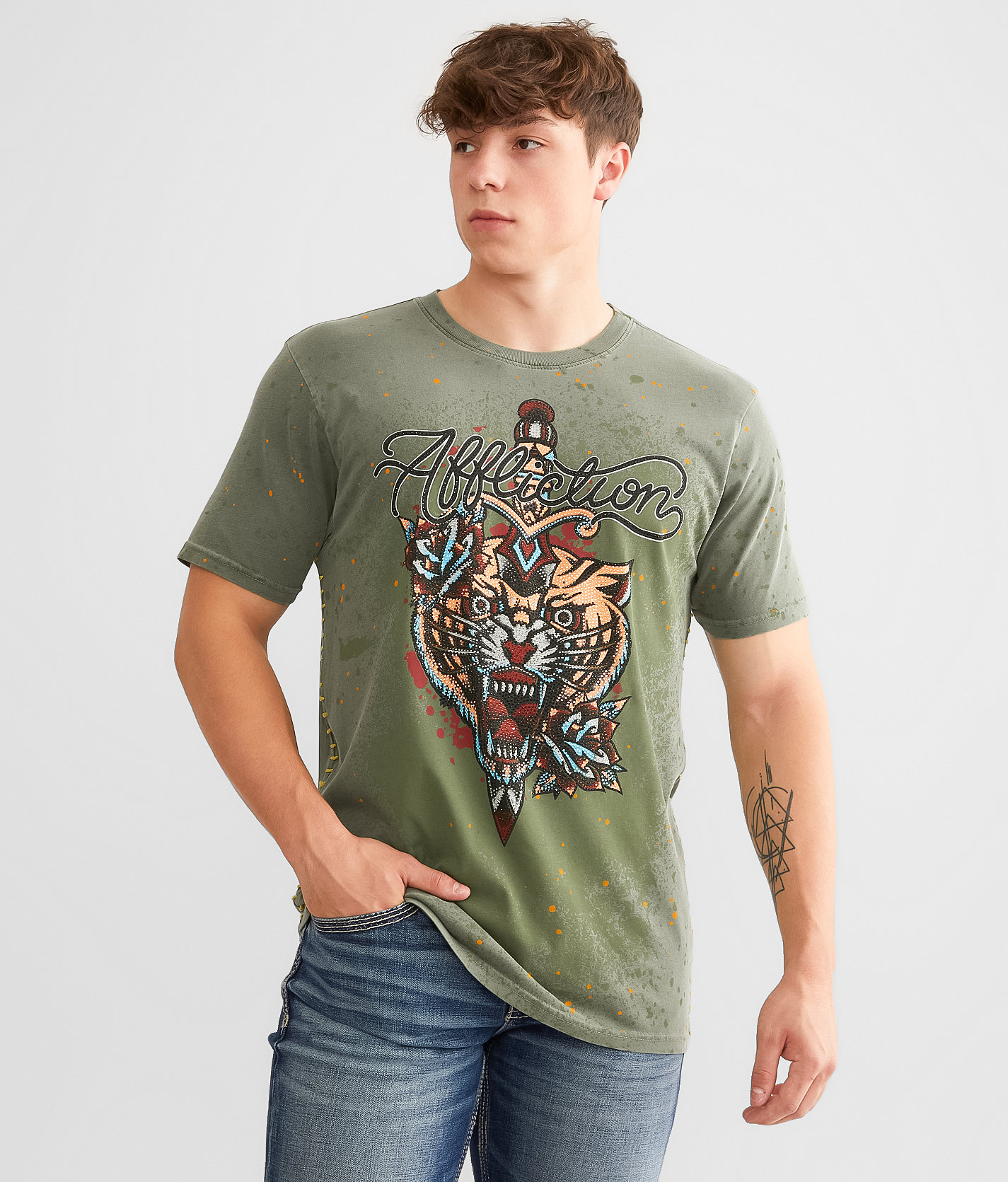 Affliction Alchemic Dagger T-Shirt - Men's T-Shirts in Olive Pigment Dye