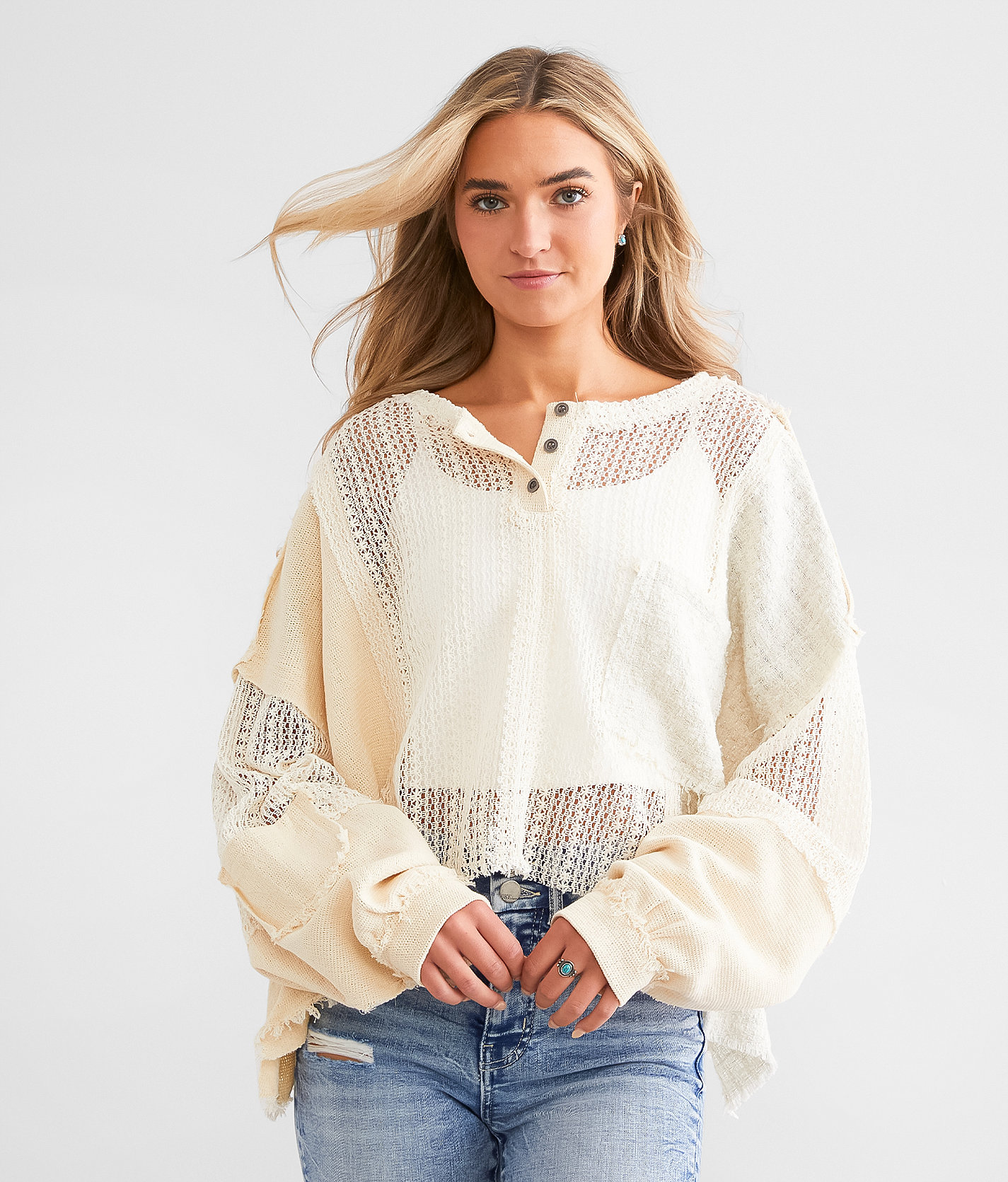 POL Mixed Open Weave Cropped Henley - Women's Shirts & Blouses in Natural