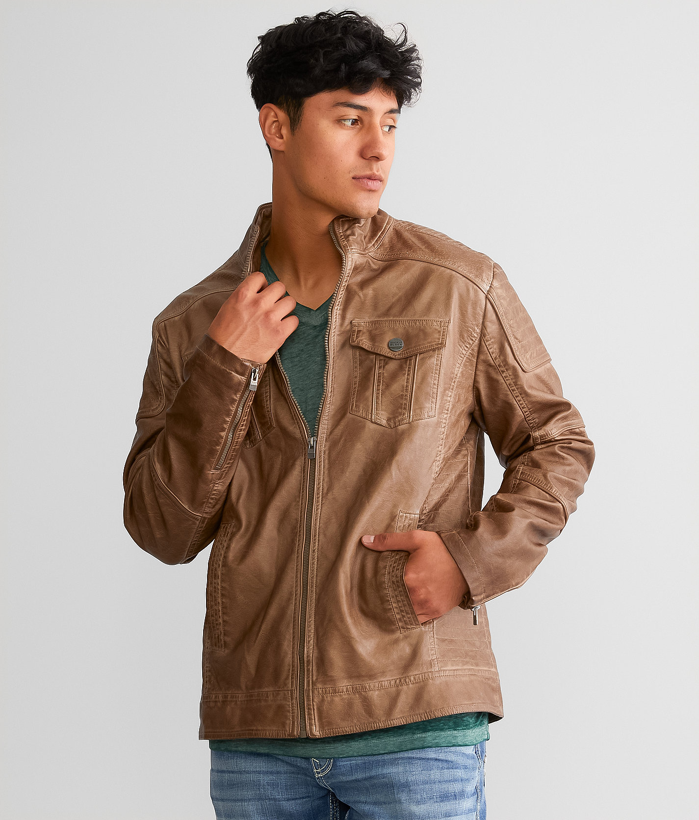 Buckle Black Faux Leather Jacket - Men's Coats & Jackets in Brown