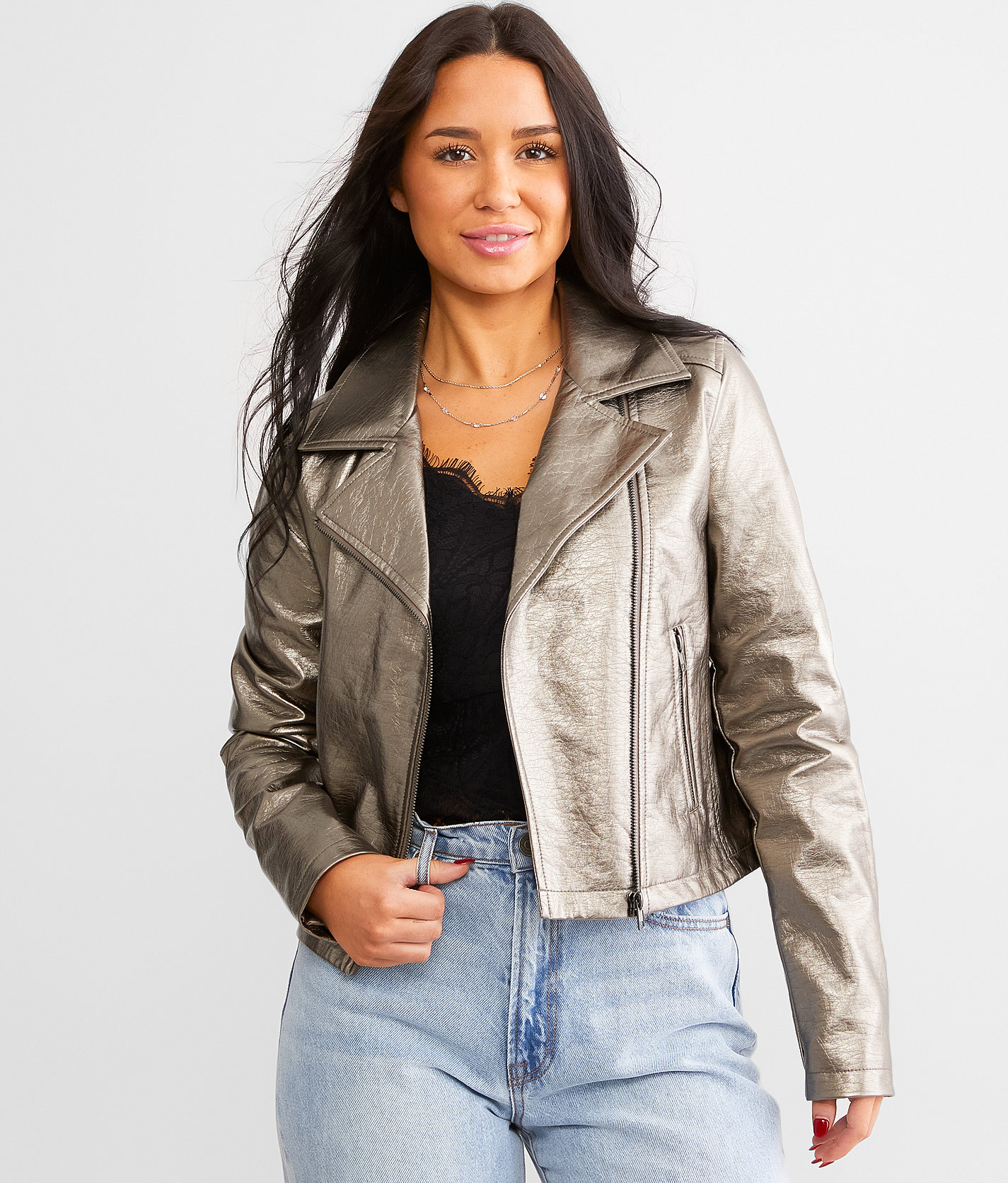 Willow & Root Metallic Moto Jacket - Women's Coats & Jackets in Pewter