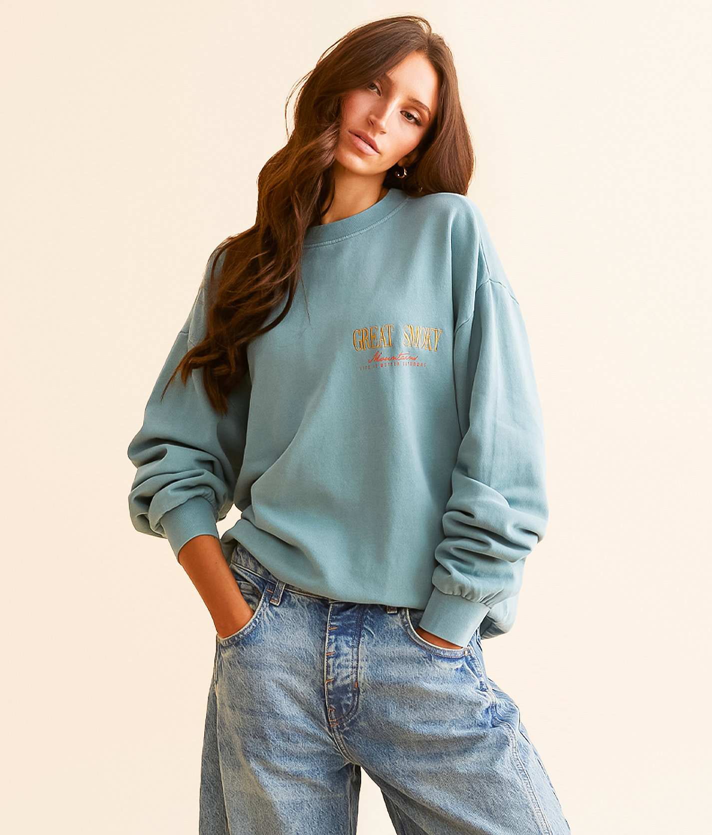 Modish Rebel Great Smokey Mountains Oversized Pullover - Women's Sweatshirts in Washed Blue