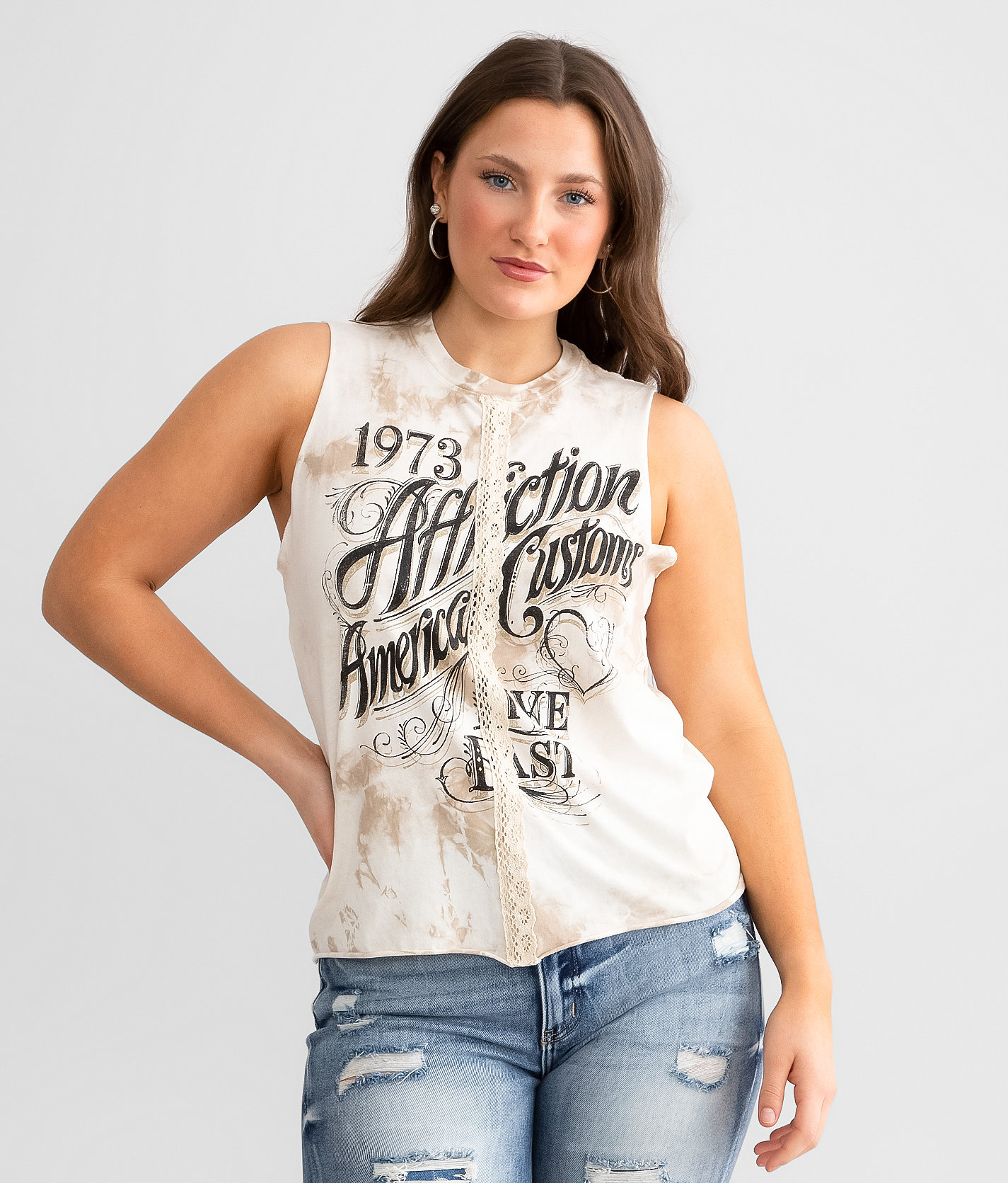 Affliction American Customs Shotgun Wedding Muscle Tank Top - Women's Tank Tops in Off White Tan Crystal Was