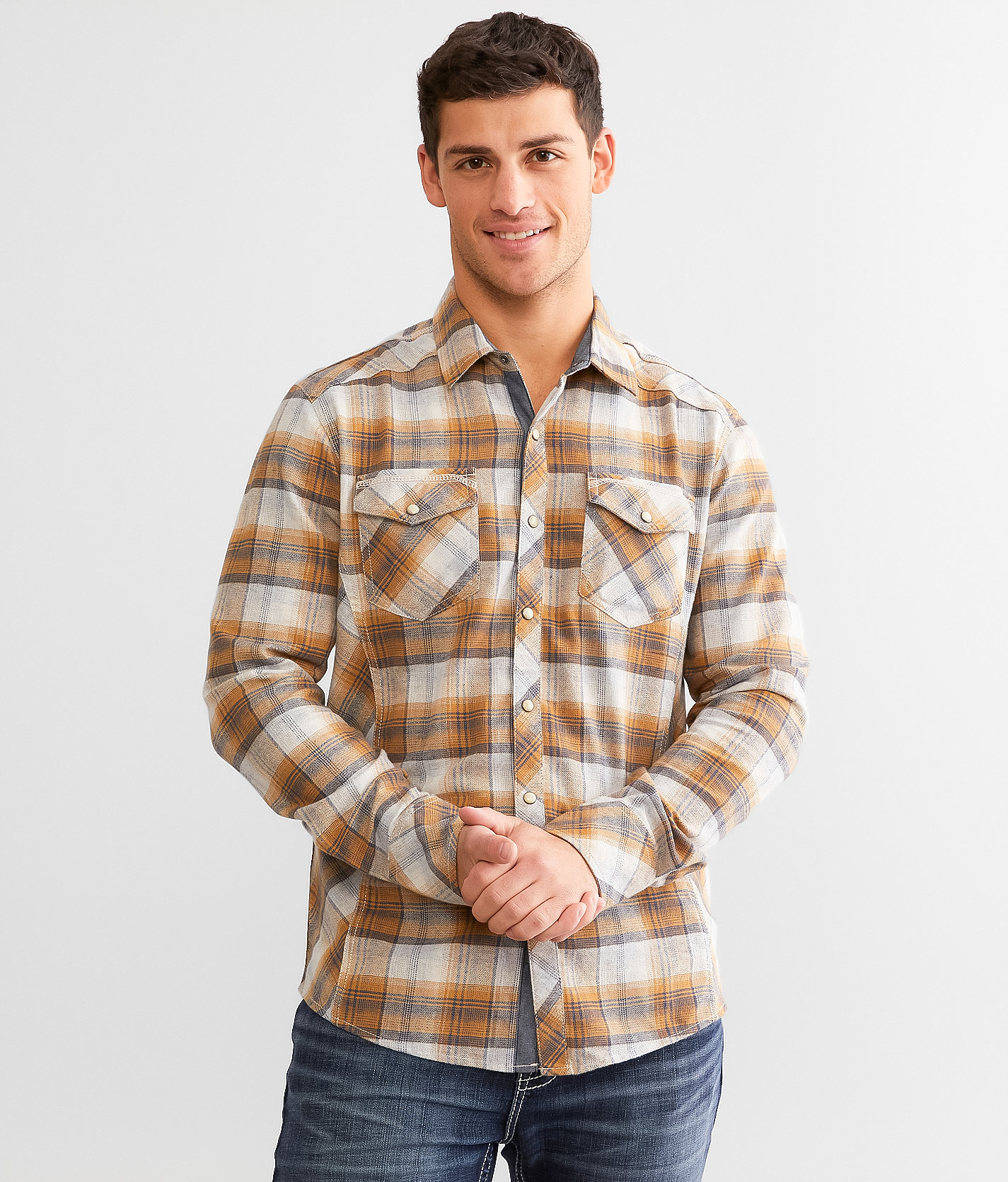 BKE Plaid Athletic Shirt - Men's Shirts in Cream Grey Gold