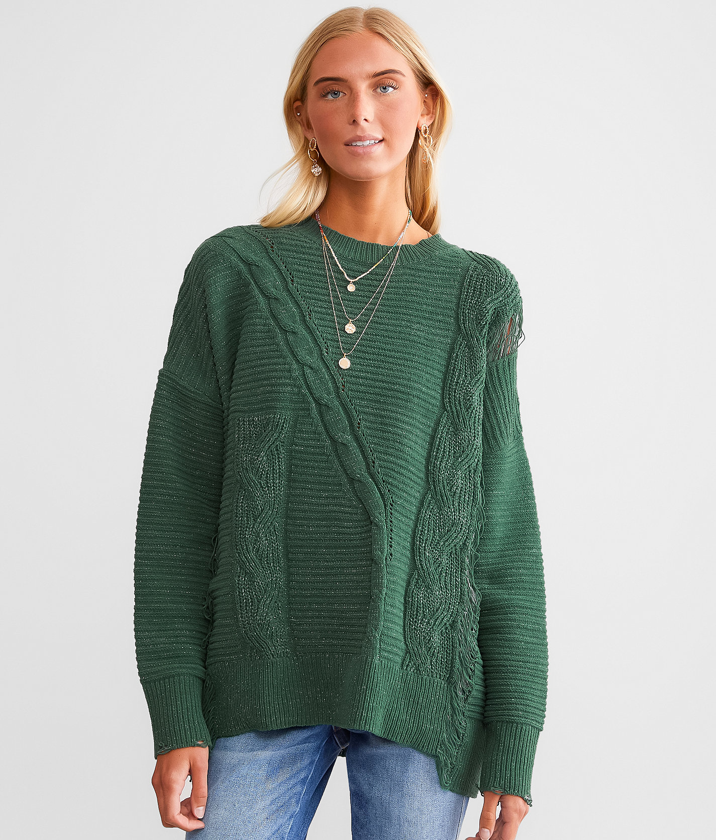 Daytrip Chenille Cable Knit Metallic Sweater - Women's Sweaters in Pineneedle