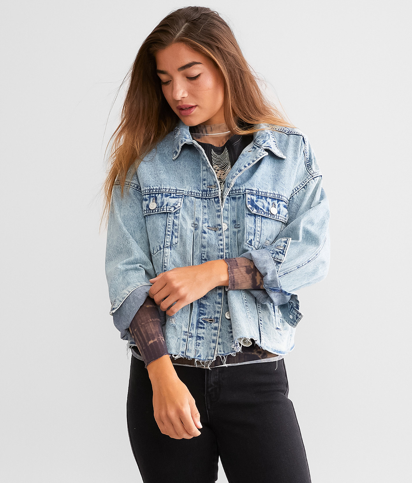 BKE Destructed Denim Jacket - Women's Coats & Jackets in Denim Blue