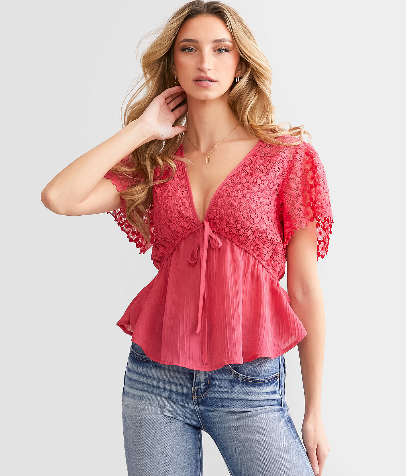 Daytrip Crochet Peplum Top - Women's Shirts & Blouses in Honeysuckle