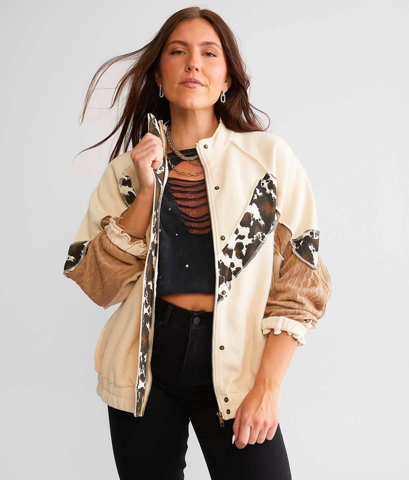 BKE Pieced Cow Print Jacket - Women's Coats & Jackets in Cream