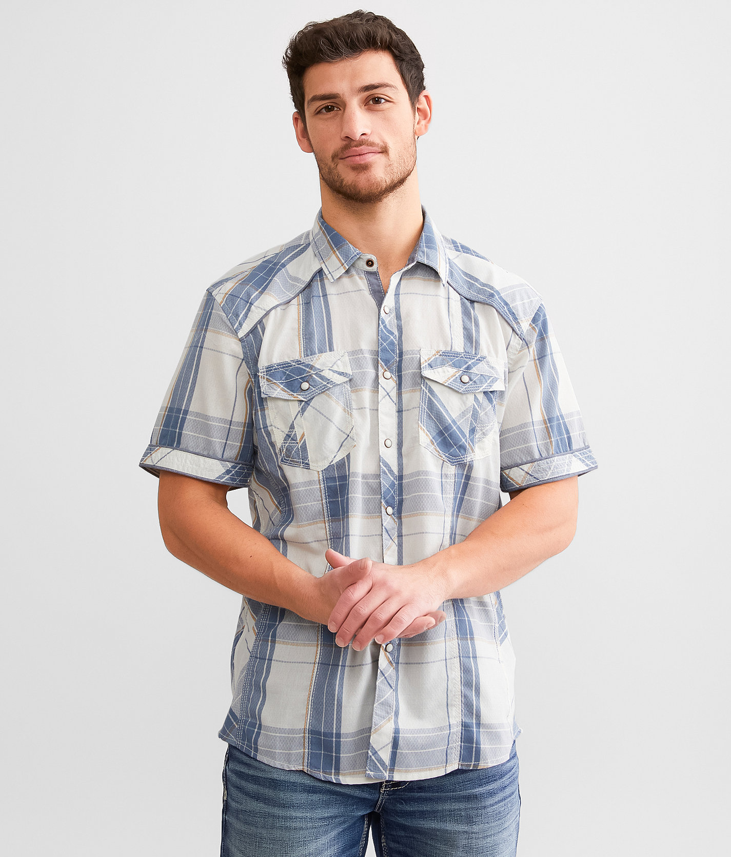 BKE Plaid Athletic Shirt - Men's Shirts in Marshmallow Blue