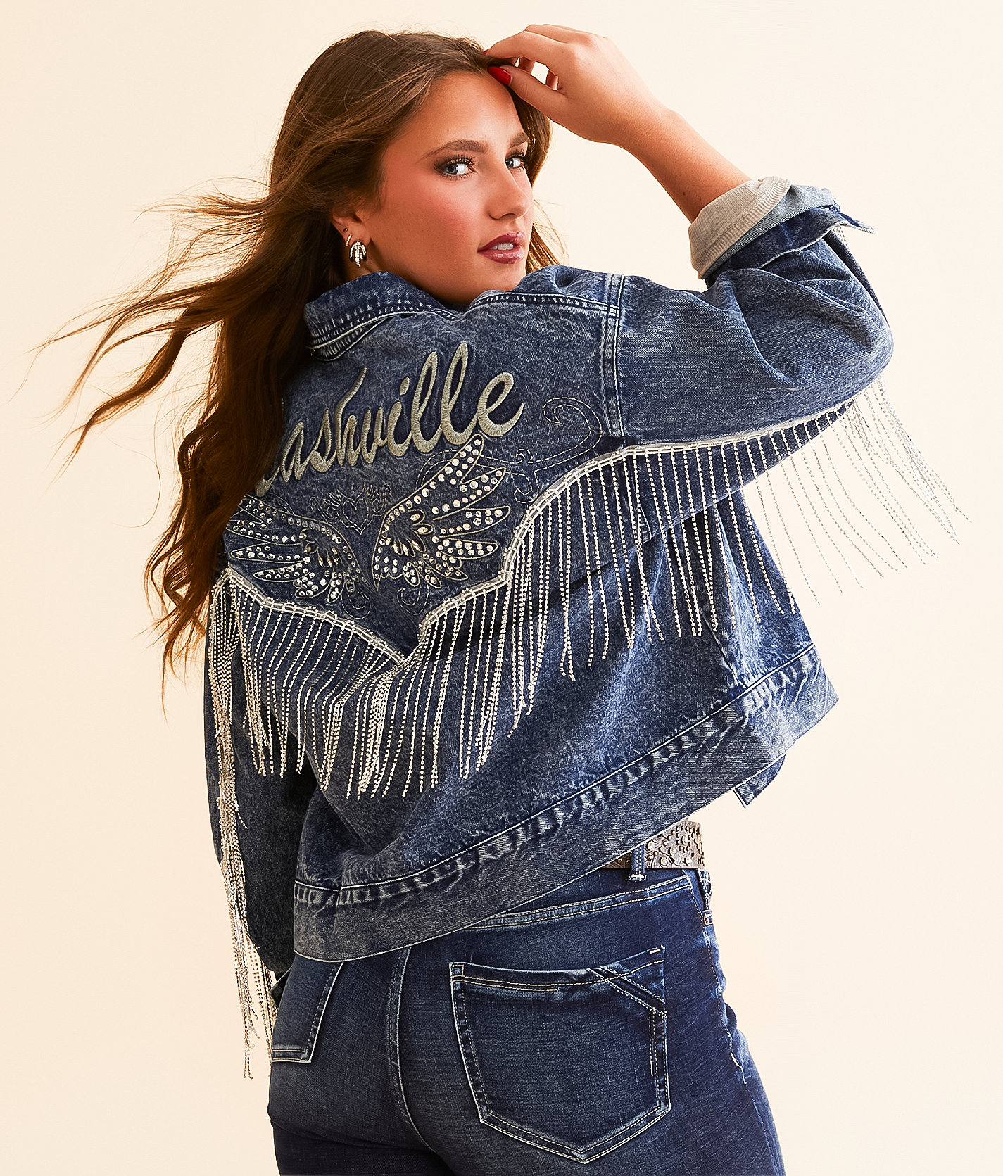 Miss Me Nashville Rhinestone Fringe Denim Jacket - Women's Coats & Jackets in Denim