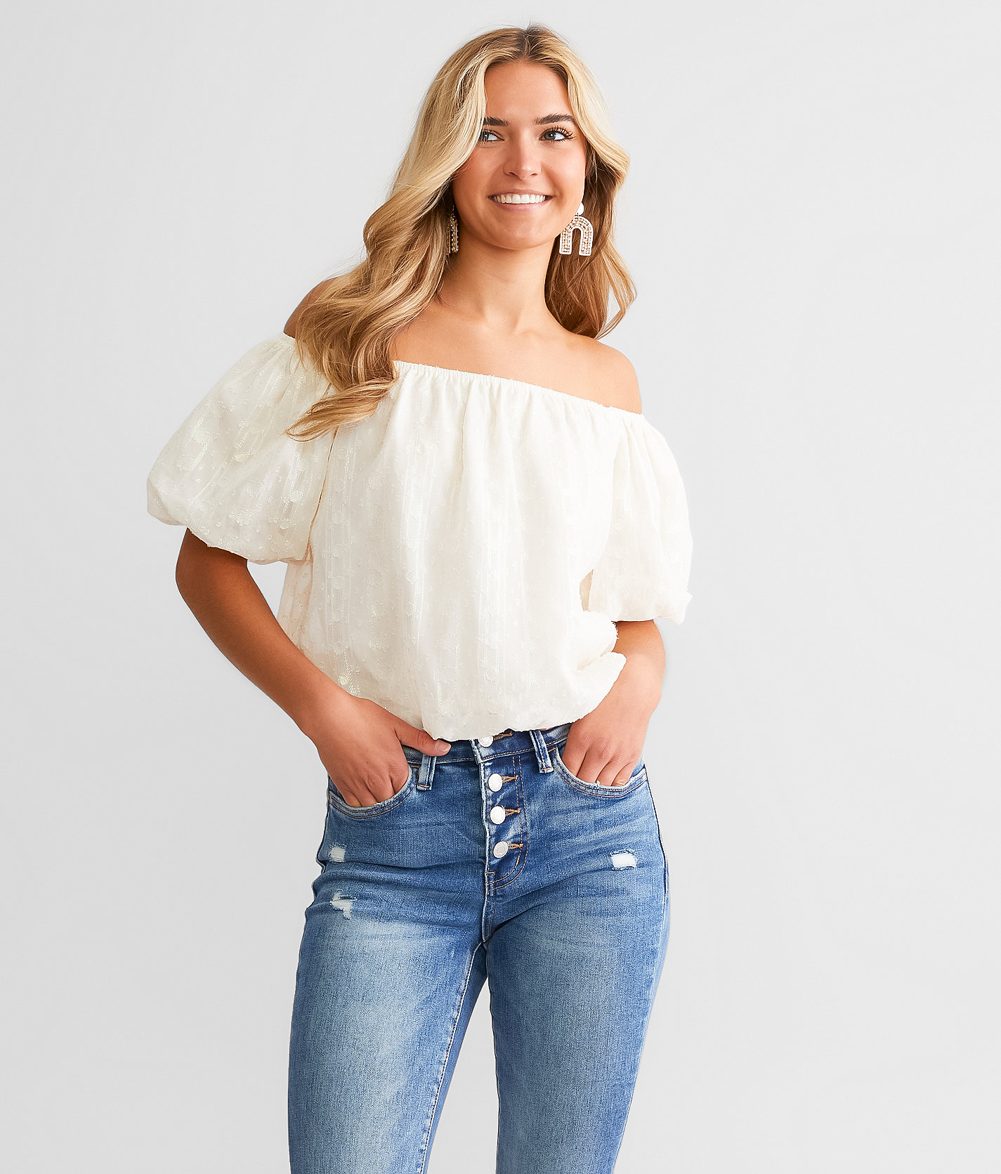 Willow & Root Metallic Striped Bubble Cropped Top - Women's Shirts & Blouses in Cream