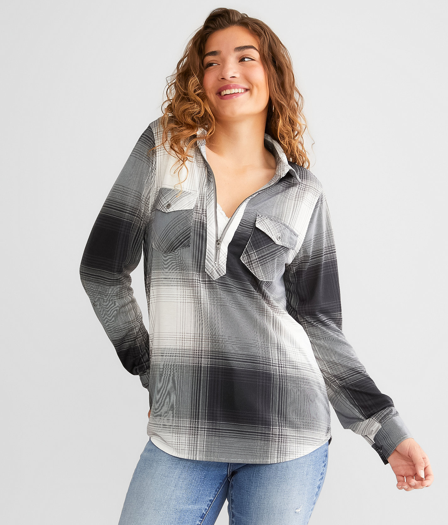 Modish Rebel Half Zip Shirt - Women's Shirts & Blouses in Black White