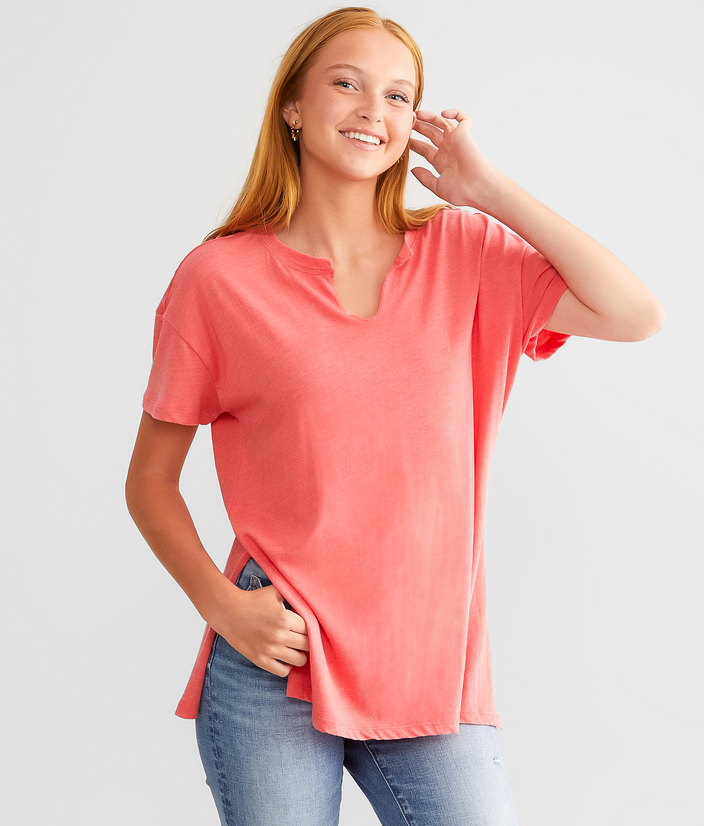 White Crow Split Neck T-Shirt - Women's T-Shirts in Mineral Red