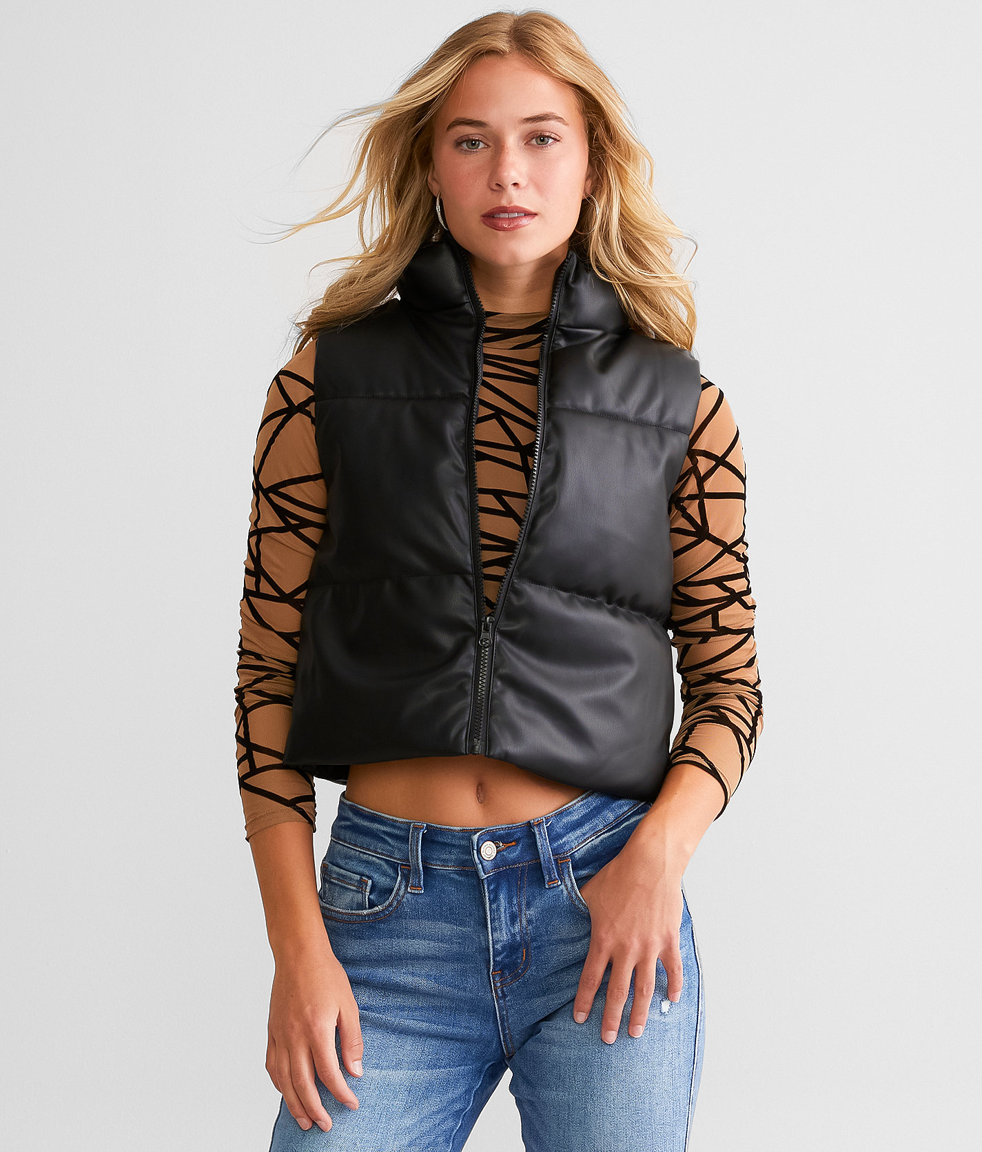 Willow & Root Pleather Cropped Puffer Vest - Women's Coats & Jackets in Black