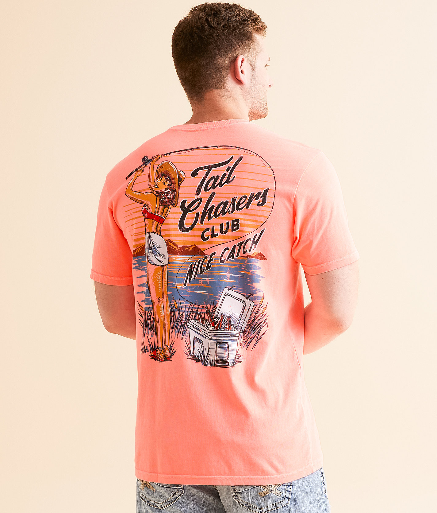 Tail Chasers Club Nice Catch T-Shirt - Men's T-Shirts in Neon Red Orange Pig Dye